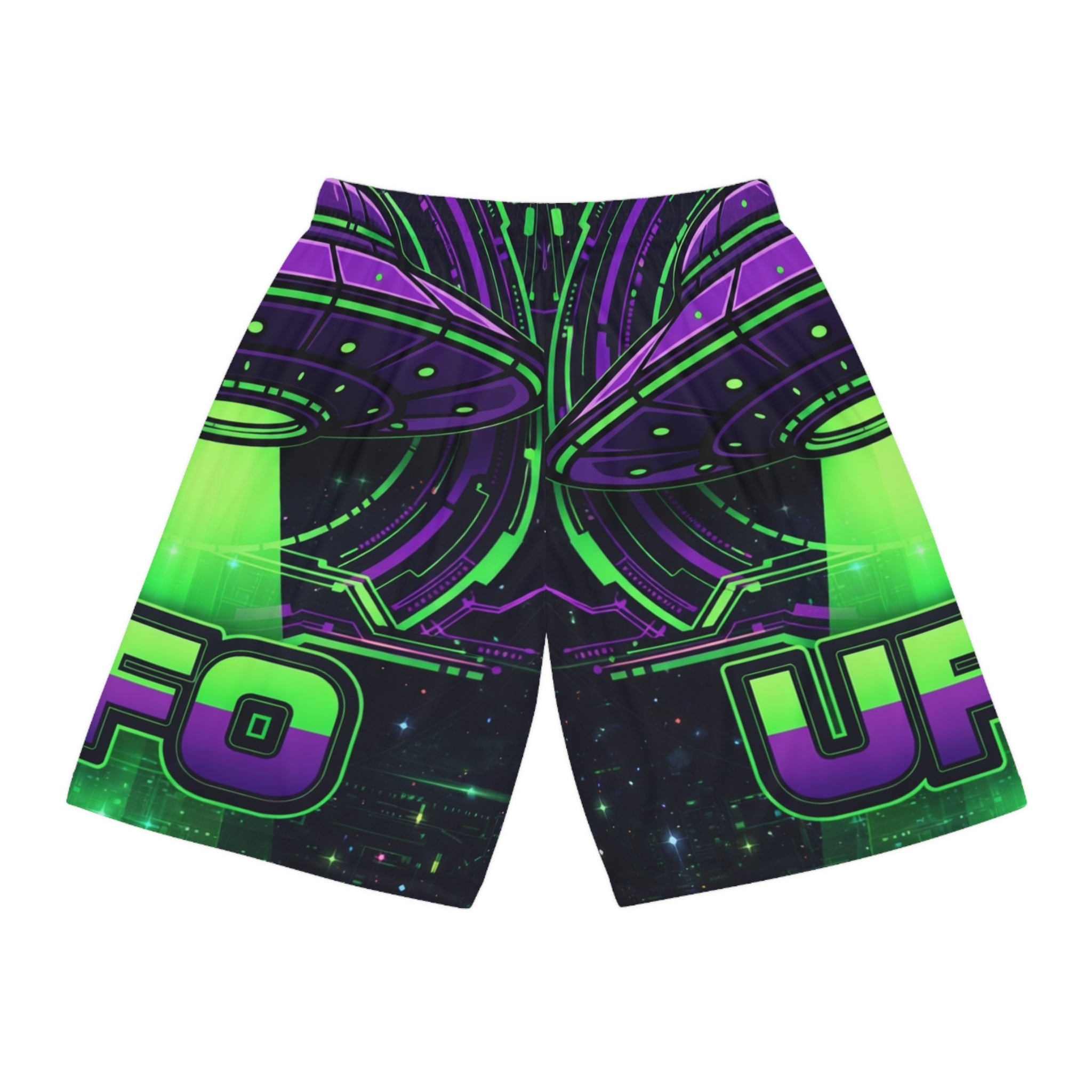Neon UFO Streetwear Shorts – Alien Energy All-Over Print Printify