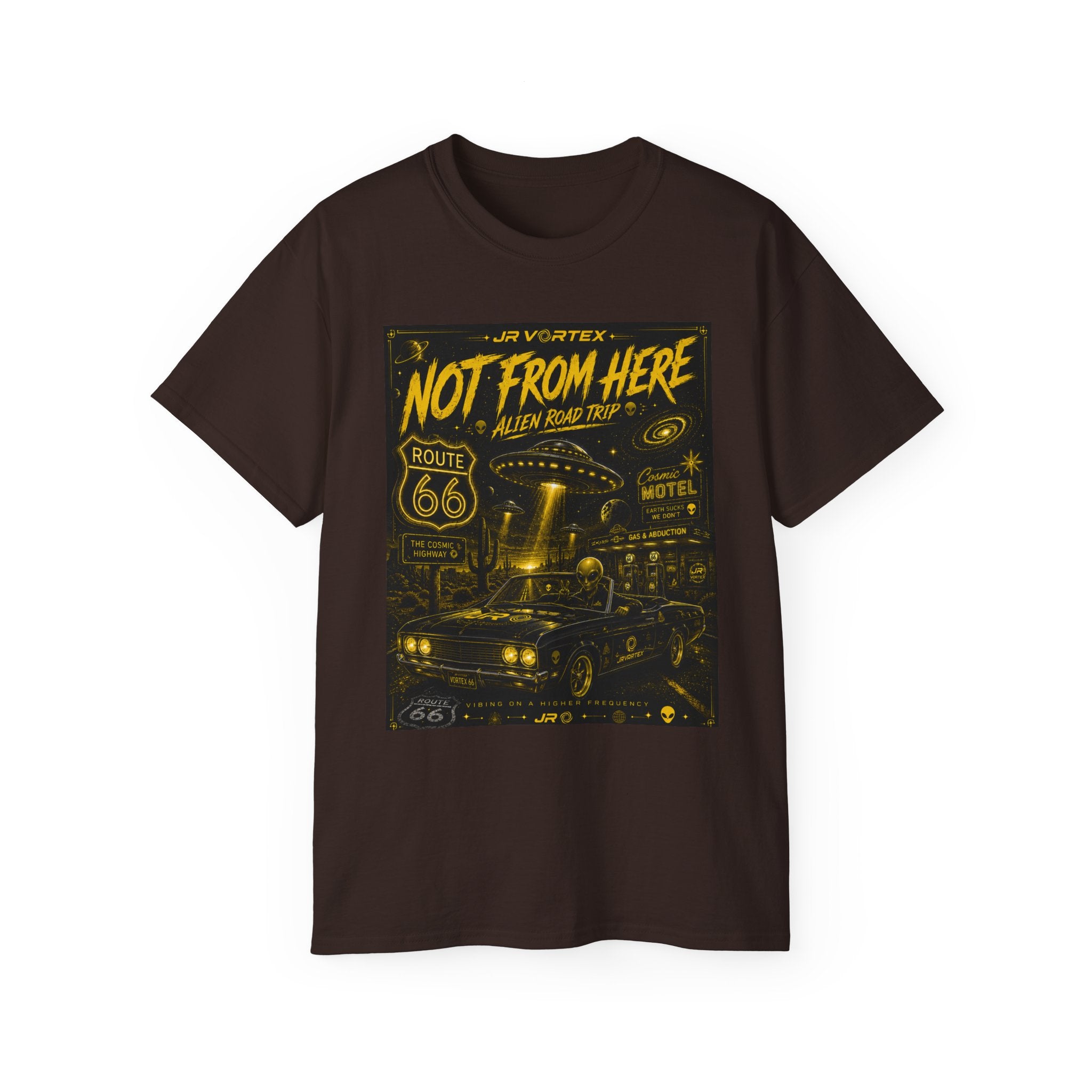 Not From Here T‑Shirt — Retro Route 66 Alien Road Trip Graphic Tee
