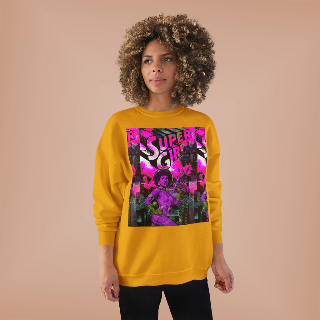 Super Girl Crewneck Sweatshirt — Retro Neon Comic Graphic