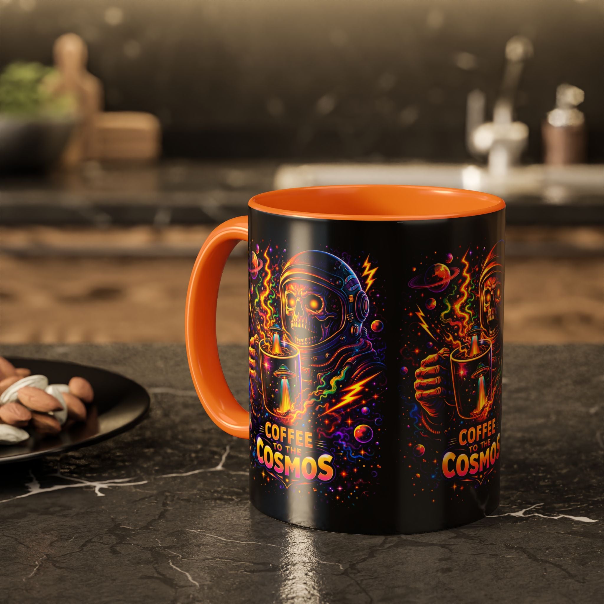 Coffee to the Cosmos Mug — Neon Space Skull Coffee Mug (11oz/15oz) Printify