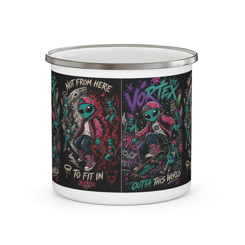 Enamel Mug — 'Not From Here' Skateboarding Alien Graphic Camper Cup