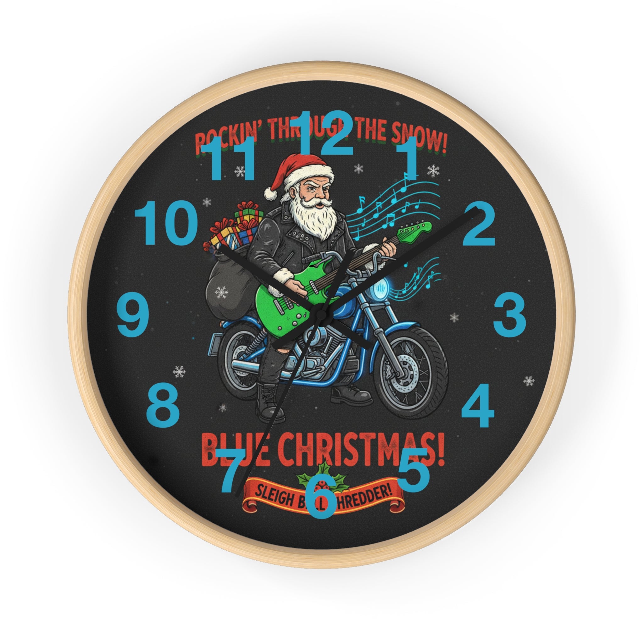 Blue Christmas Motorcycle Santa Wall Clock — 'Rockin' Through The Snow' Holiday Decor
