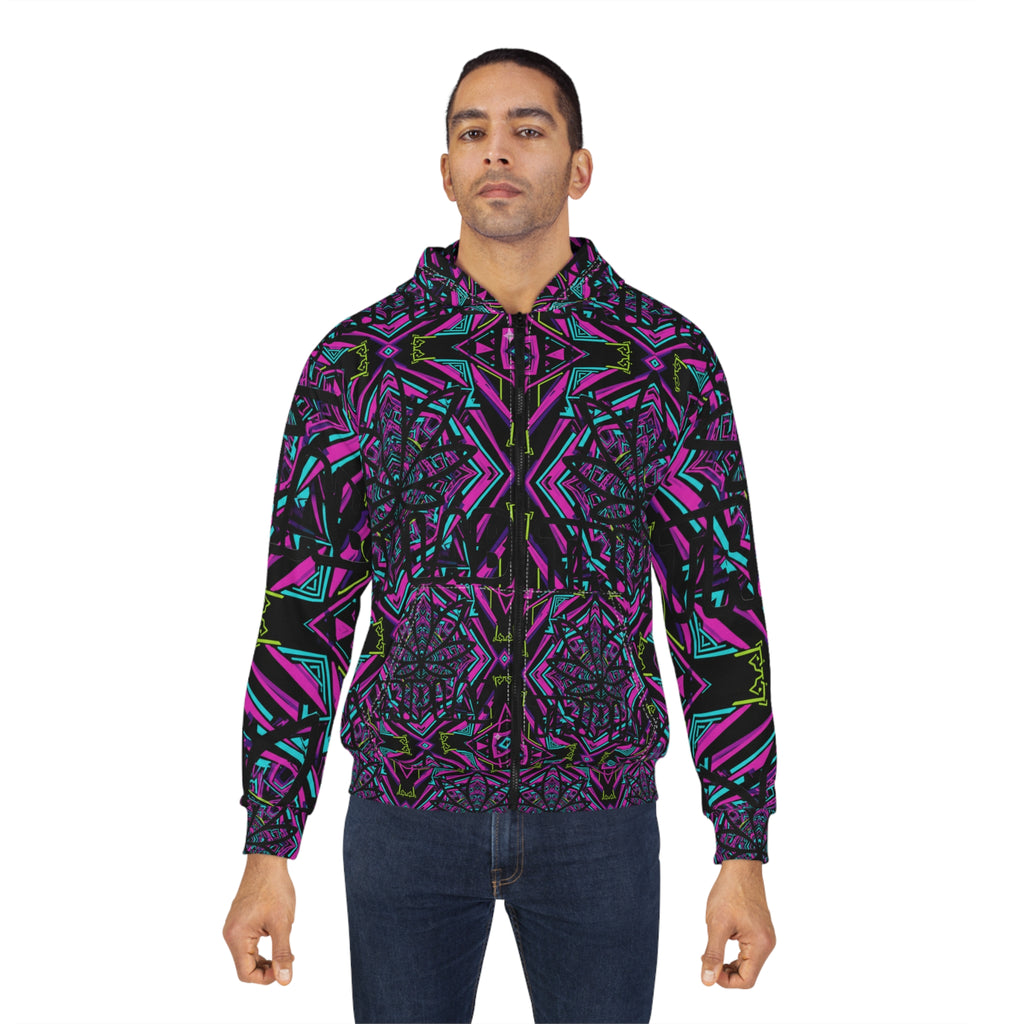 Kaleidoscope Neon Zip Hoodie — Psychedelic Geometric All-Over Print