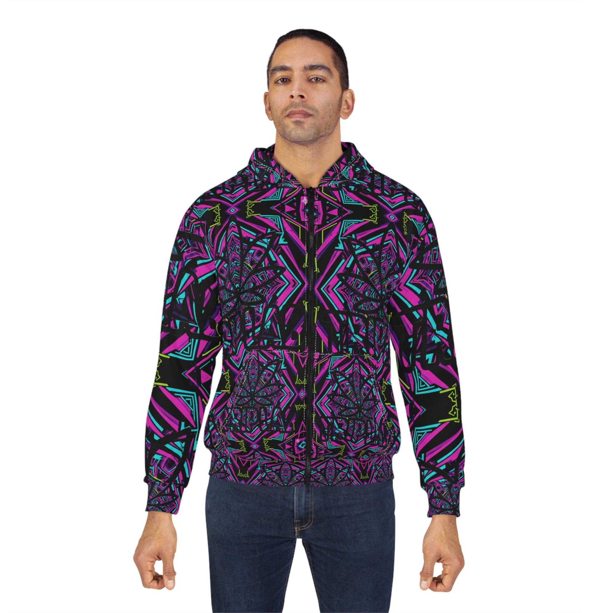 Kaleidoscope Neon Zip Hoodie — Psychedelic Geometric All-Over Print