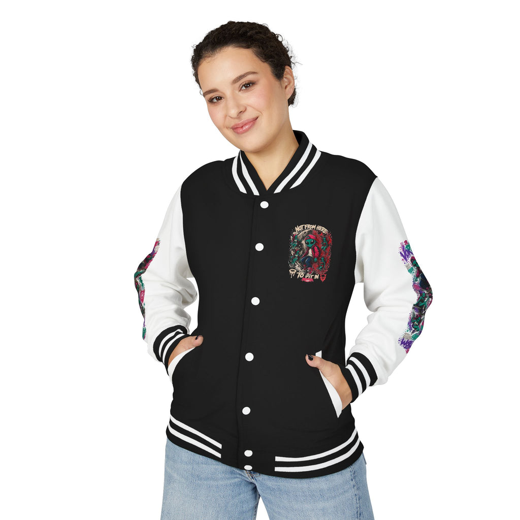 Letterman Jacket — Neon Alien Skull Graphic Varsity Jacket