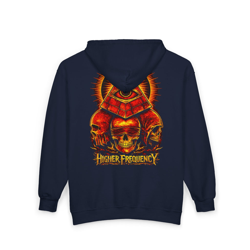 Illuminated Skull Zip Hoodie — All-Seeing Eye Graphic Back Printify