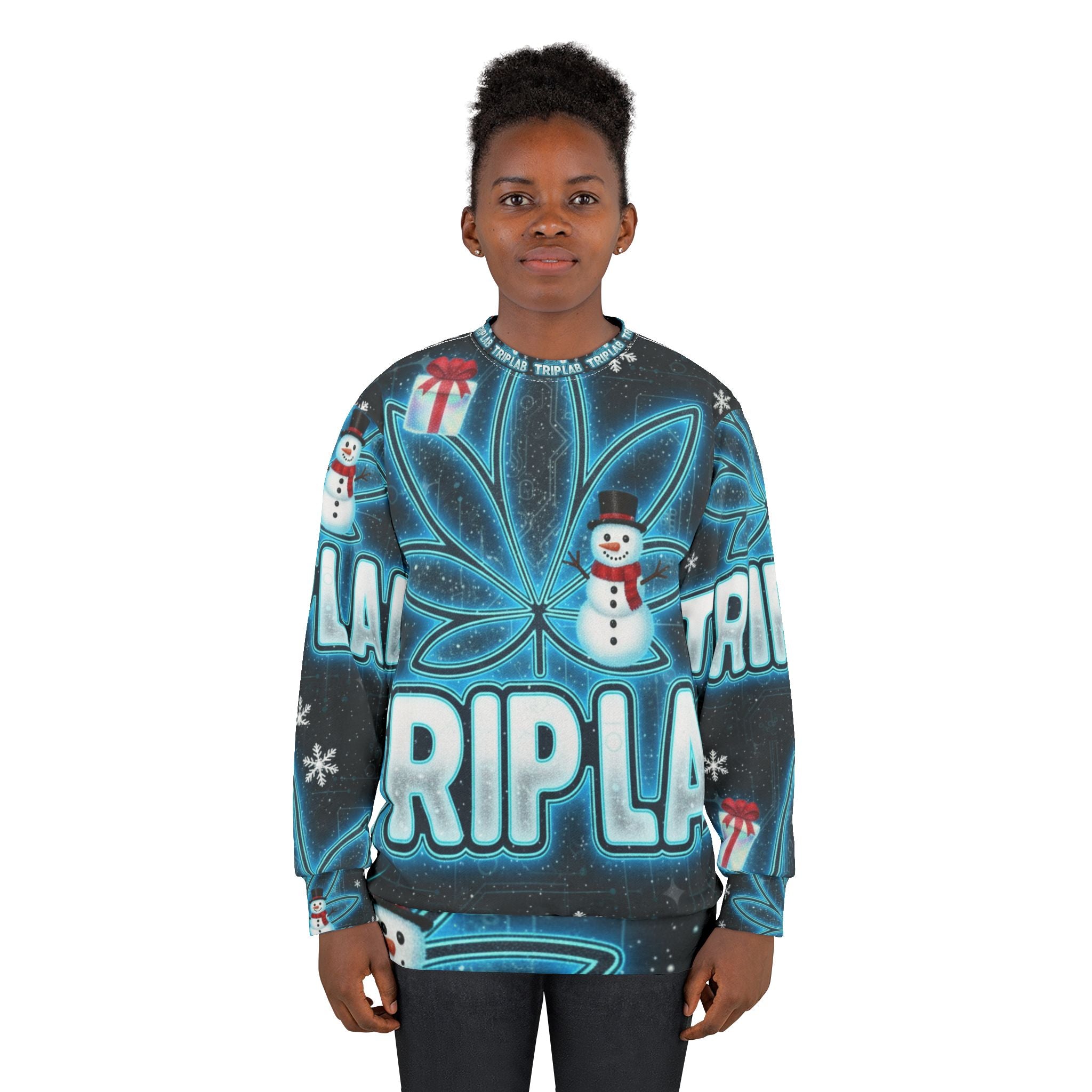 TripLab Holiday Graphic Sweatshirt — Blue Cannabis🎁❄️ Leaf & Snowman All-Over Print