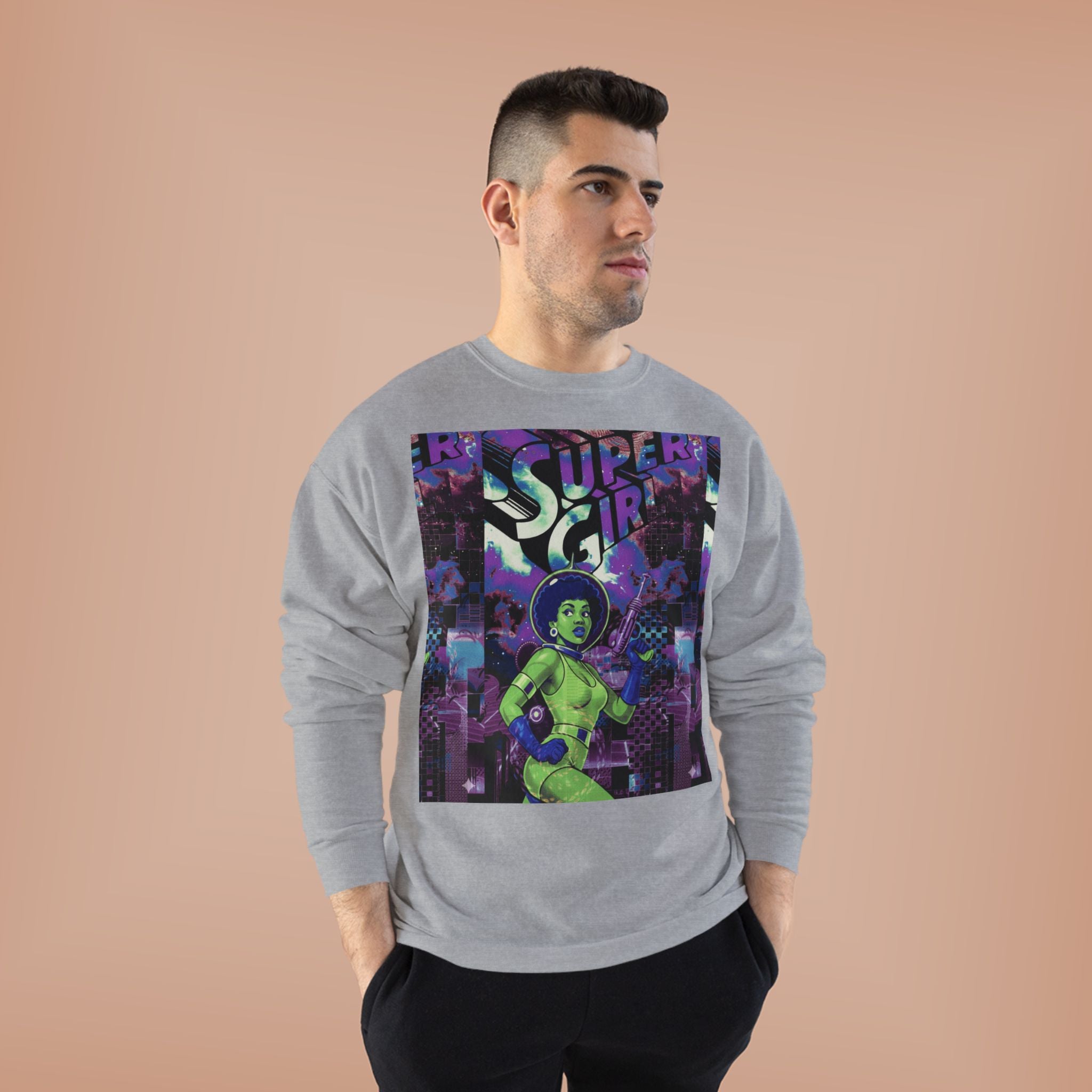 Retro Sci‑Fi 'Supergirl' Graphic Sweatshirt — Neon Space Comic Crewneck
