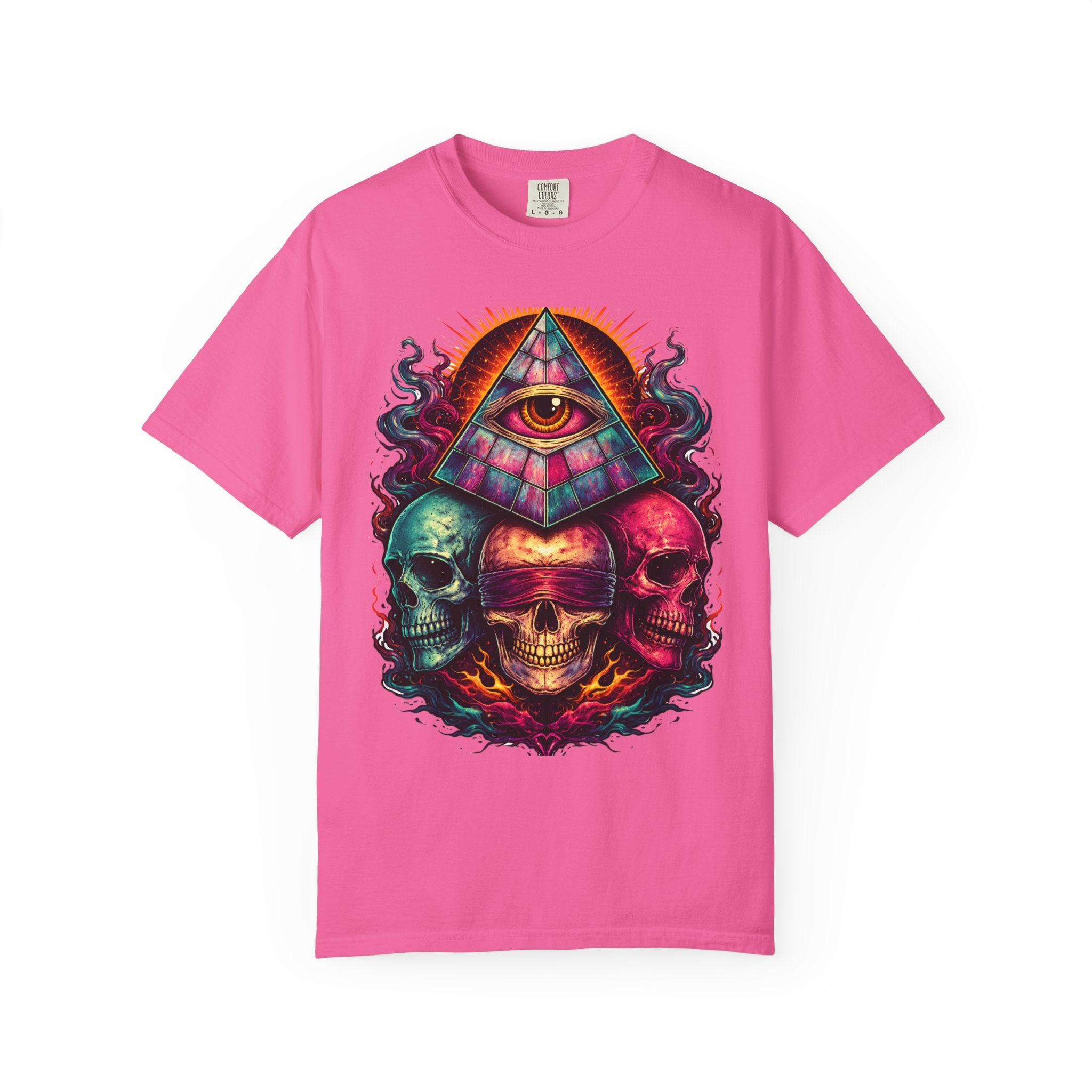 T-Shirt — Psychedelic All-Seeing Eye & Triple Skulls Graphic.       💀 i got make tags for for this Printify