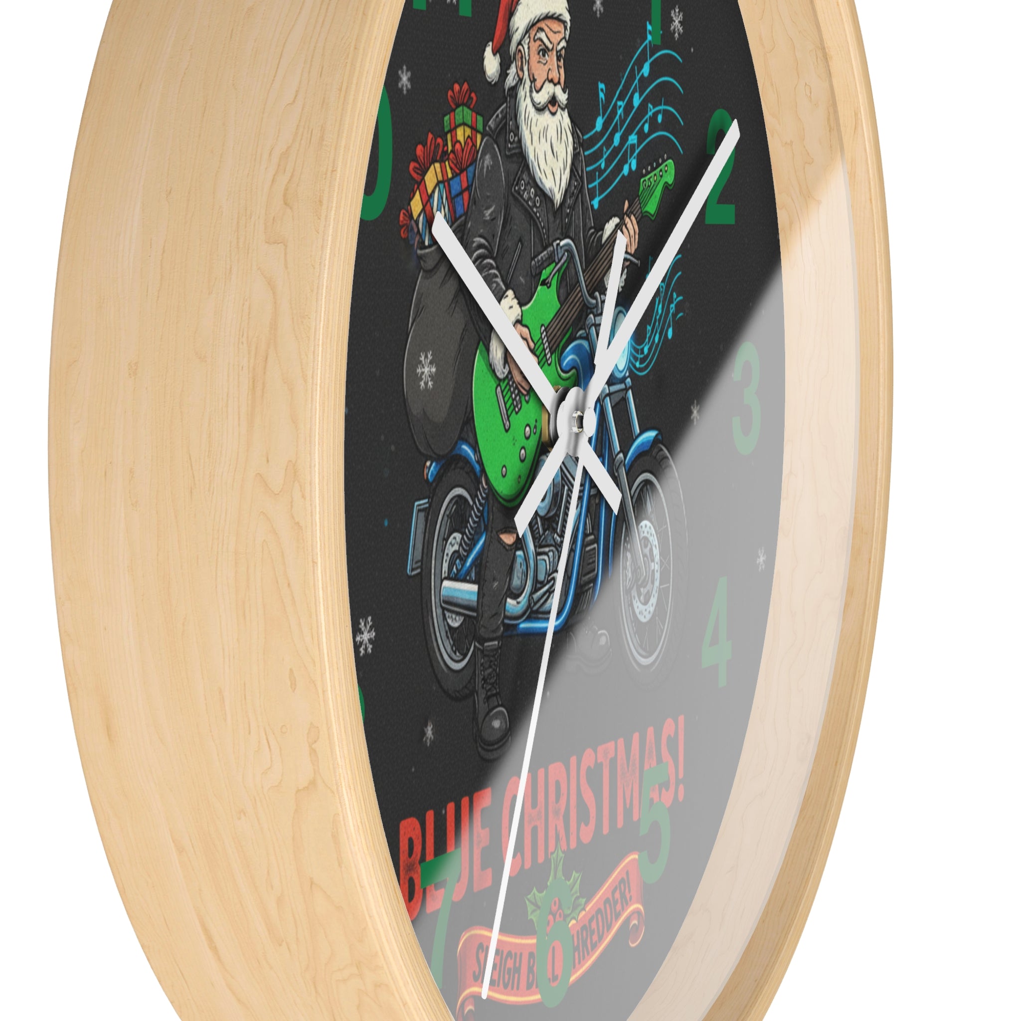 Blue Christmas Motorcycle Santa Wall Clock — Rockin' Through the Snow Holiday Decor