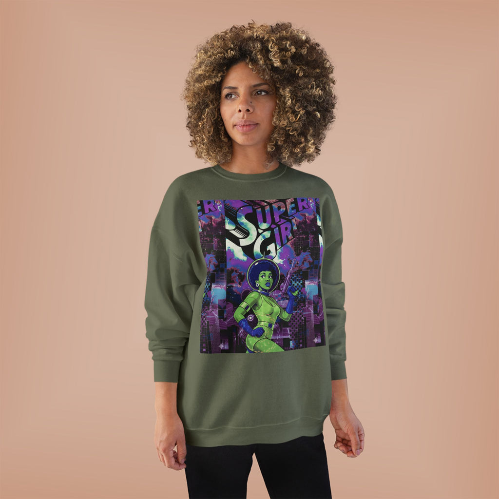 Retro Sci‑Fi 'Supergirl' Graphic Sweatshirt — Neon Space Comic Crewneck