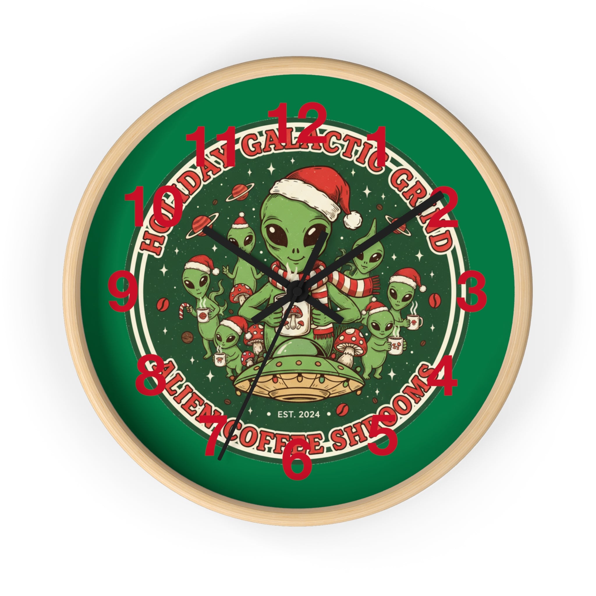 Holiday Galactic Grind Wall Clock — Alien Coffee Shop Christmas Design🎁☕️
