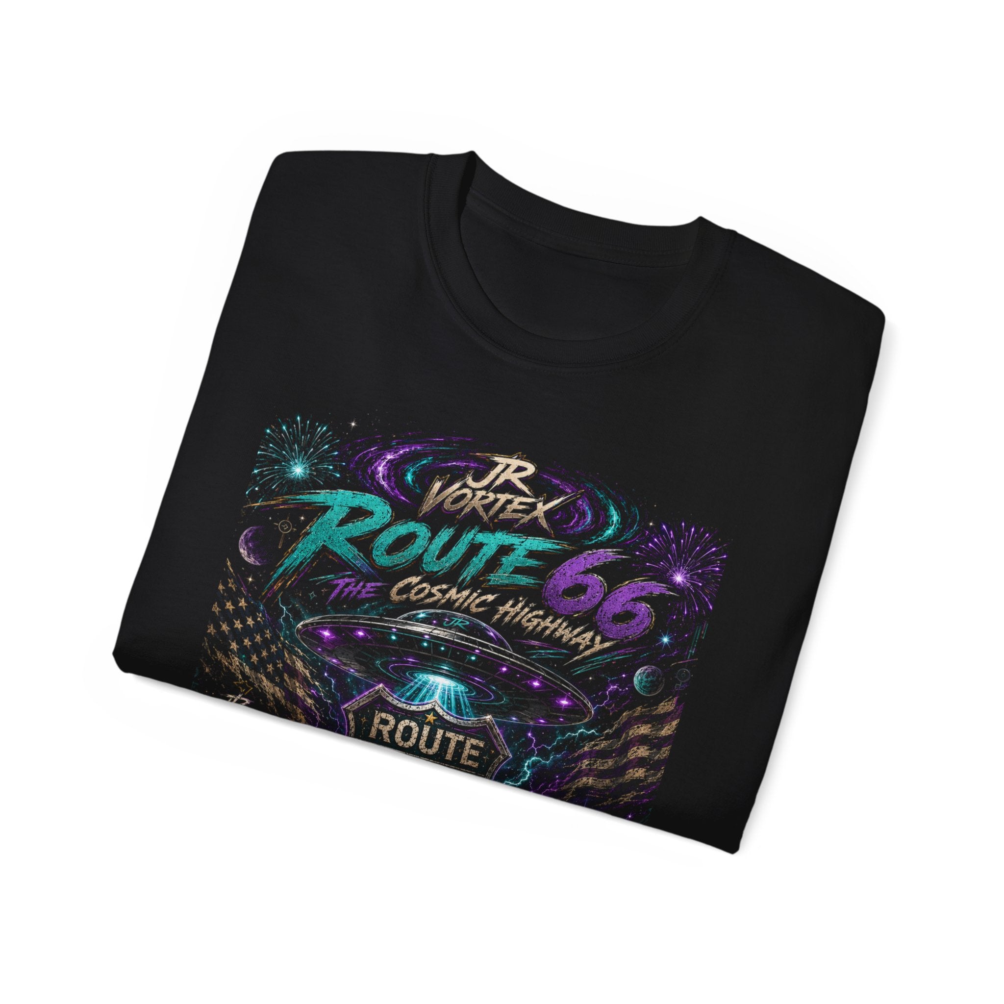 Route 66 Cosmic Highway Tee – JR Vortex UFO Neon Graphic T-Shirt