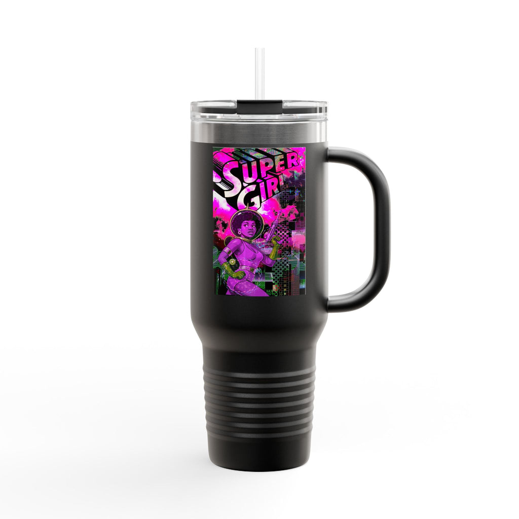 40oz Travel Mug — Neon 'Super Girl' Retro Comic Design