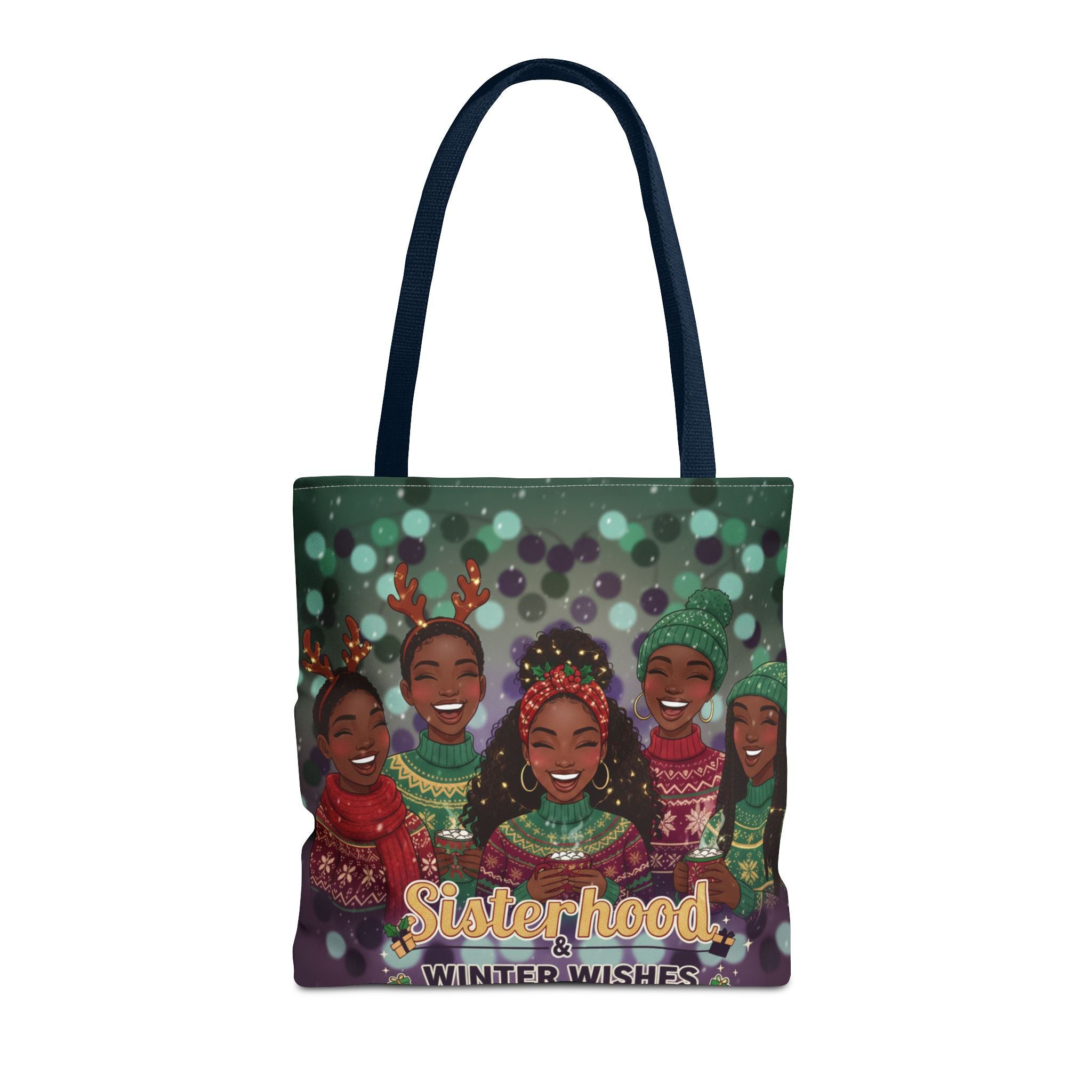Sisterhood Winter Wishes Holiday Tote Bag — Festive Afrocentric Christmas Market Bag🎄