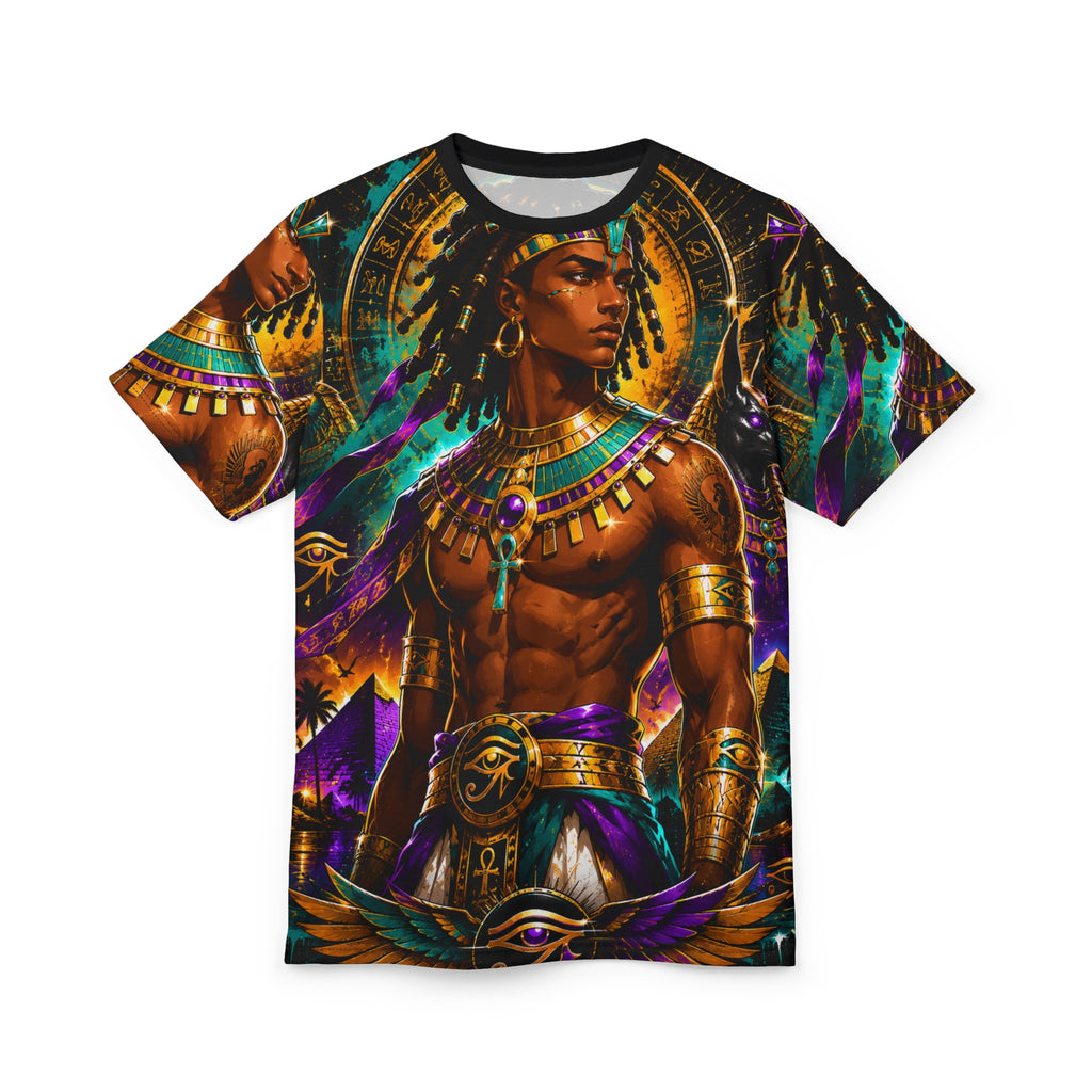 Egyptian King Ankh Graphic Tee fabric texture and stitching detail, 100% polyester all-over print