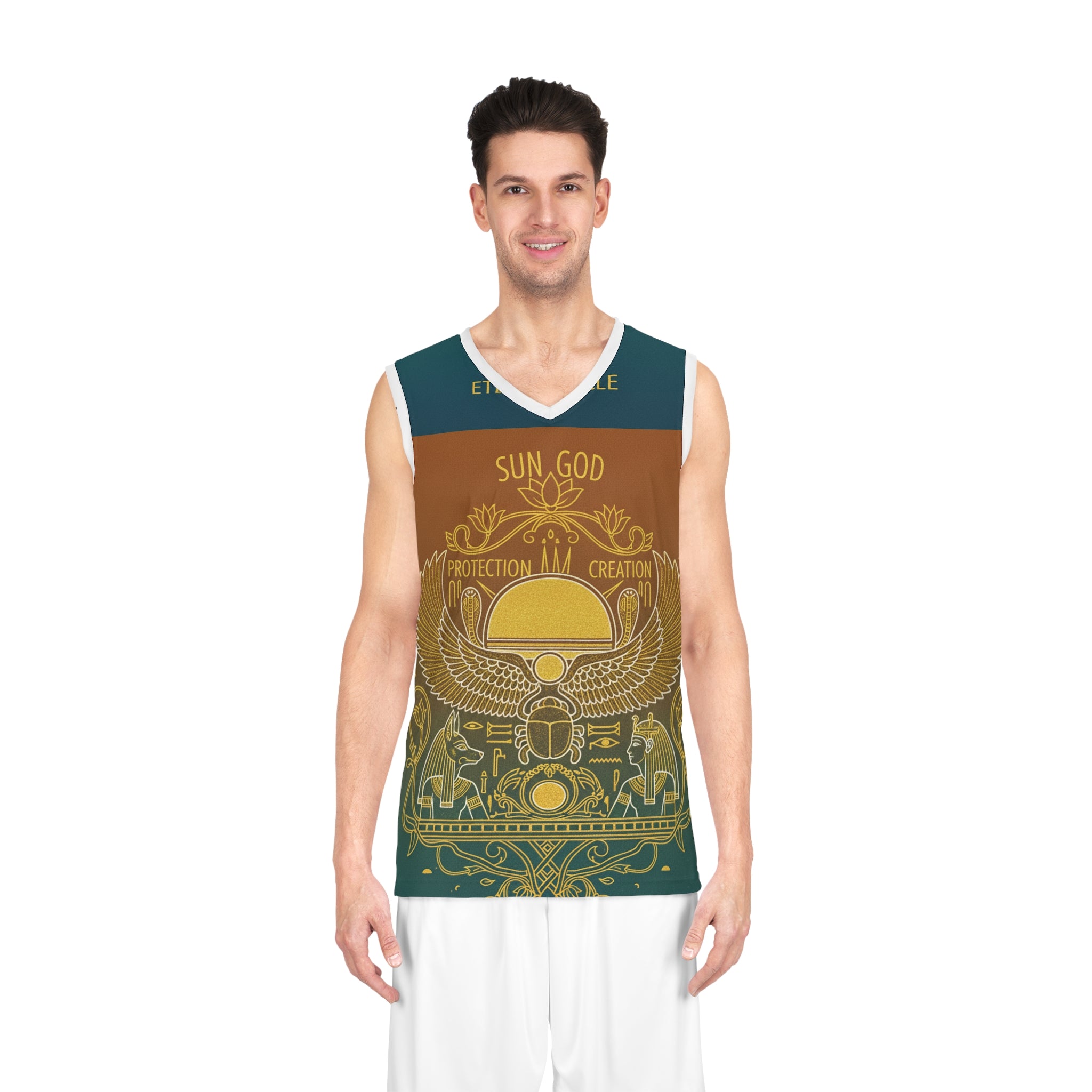 Egyptian Sun God Basketball Jersey — 'Sun God: Protection & Creation' All-Over Print Printify