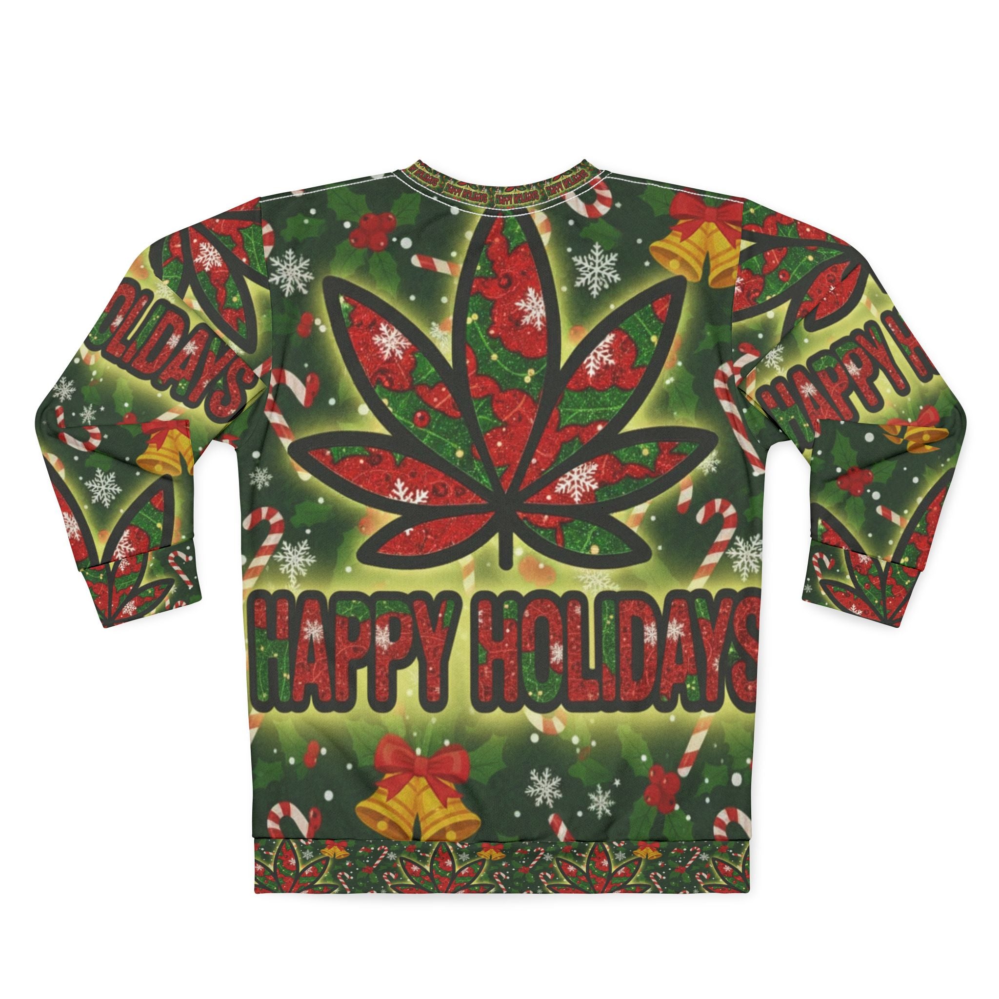 Holiday Cannabis Leaf Sweatshirt – "Happy Holidays" All-Over Print
