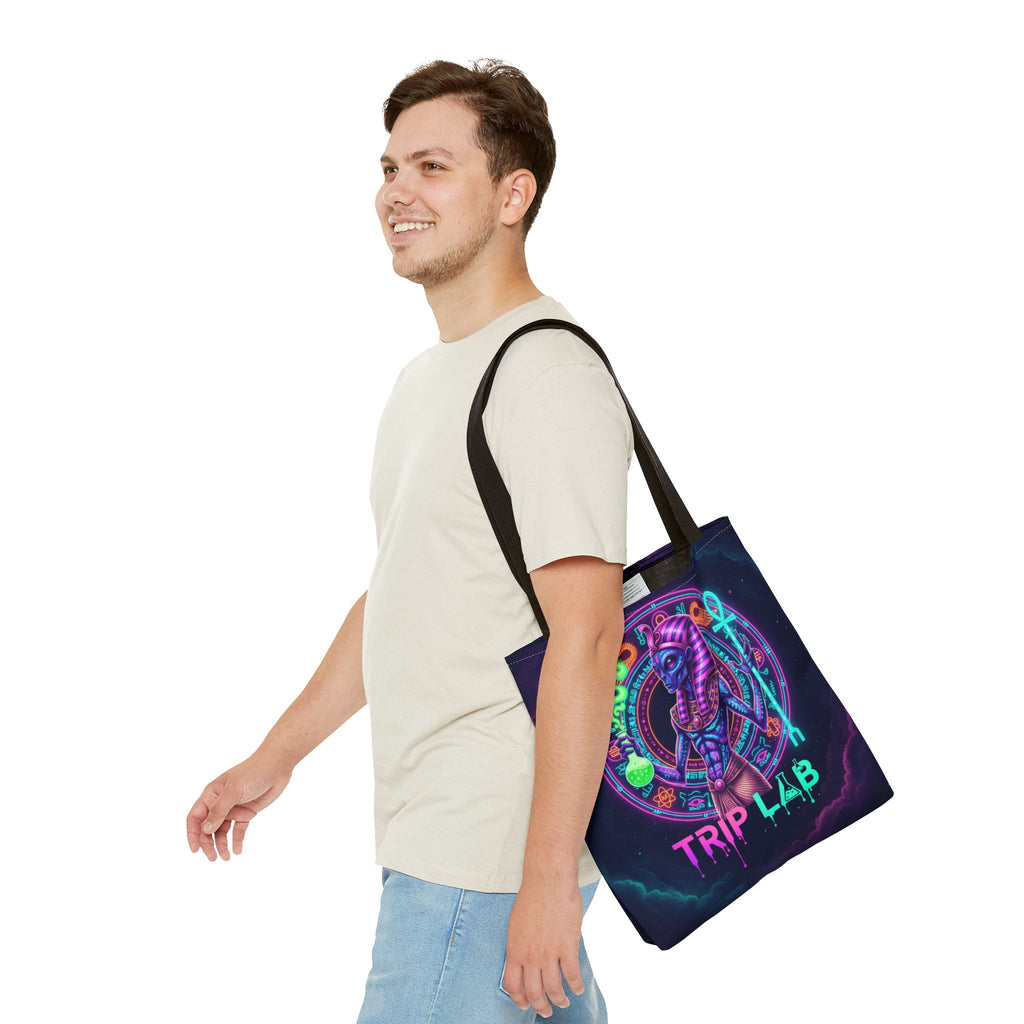Psychedelic Trip Lab Tote Bag — Neon Ancient-Egypt Anubis All-Over Print