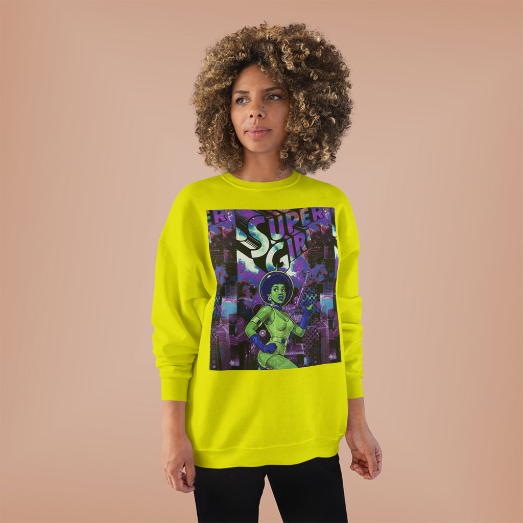 Retro Sci‑Fi 'Supergirl' Graphic Sweatshirt — Neon Space Comic Crewneck
