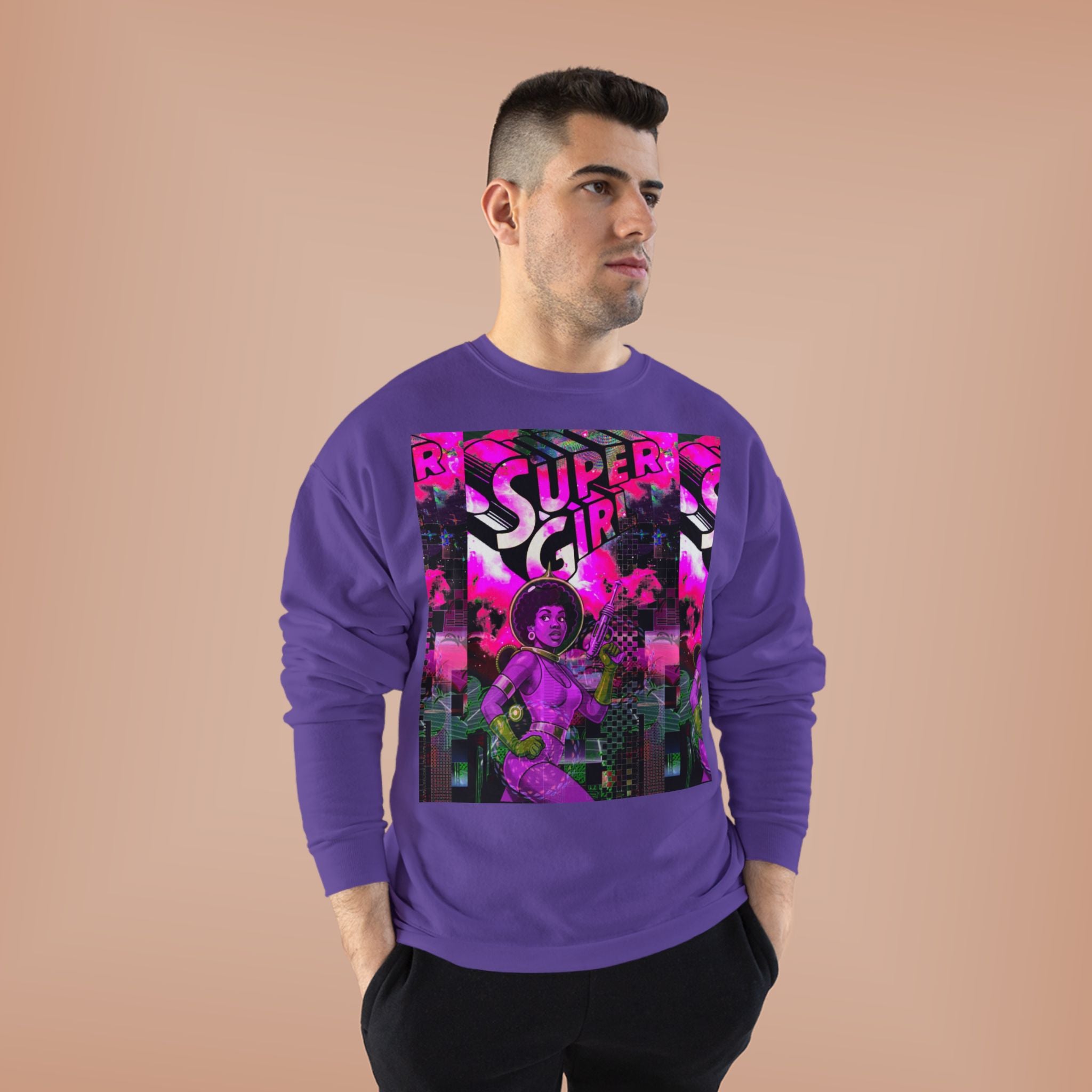 Super Girl Crewneck Sweatshirt — Retro Neon Comic Graphic