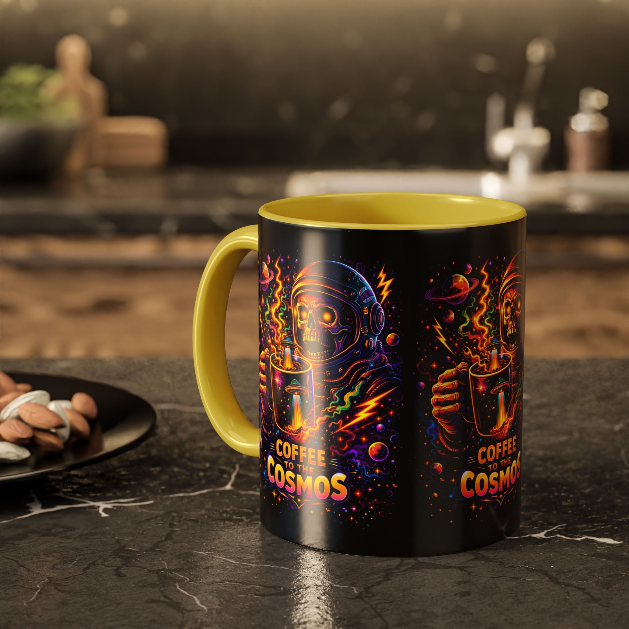 Coffee to the Cosmos Mug — Neon Space Skull Coffee Mug (11oz/15oz) Printify