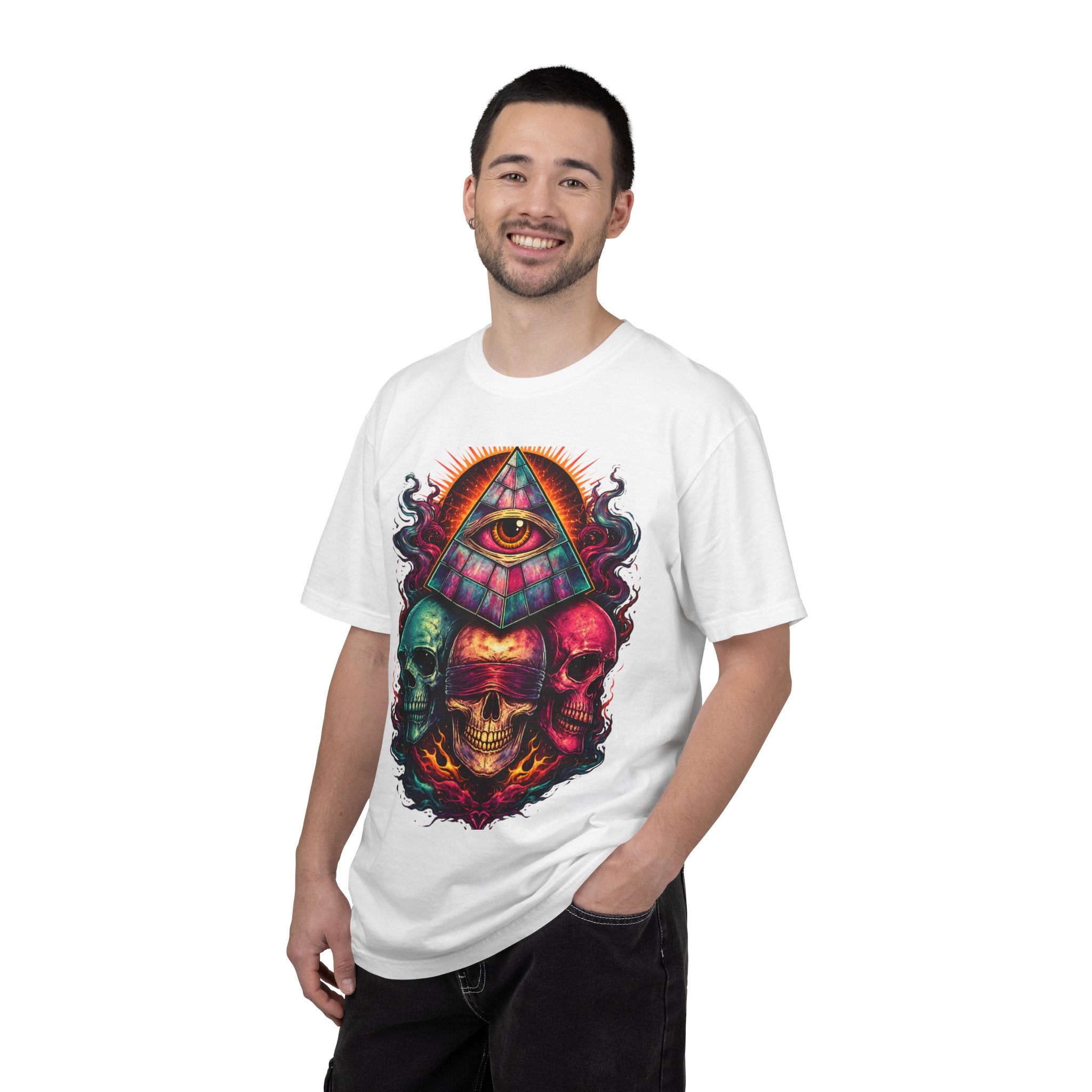 T-Shirt — Psychedelic All-Seeing Eye & Triple Skulls Graphic.       💀 i got make tags for for this Printify