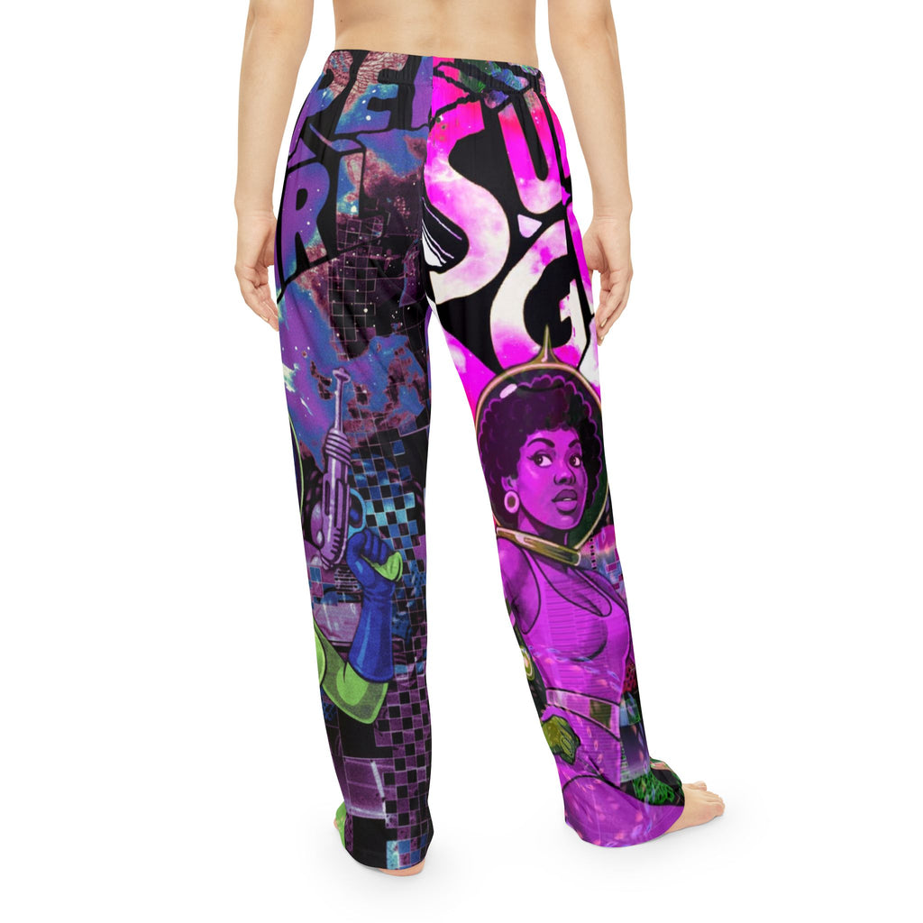 Retro Futuristic 'Super Girl' Women's Pajama Pants — Neon Afro Space Lounge Trousers