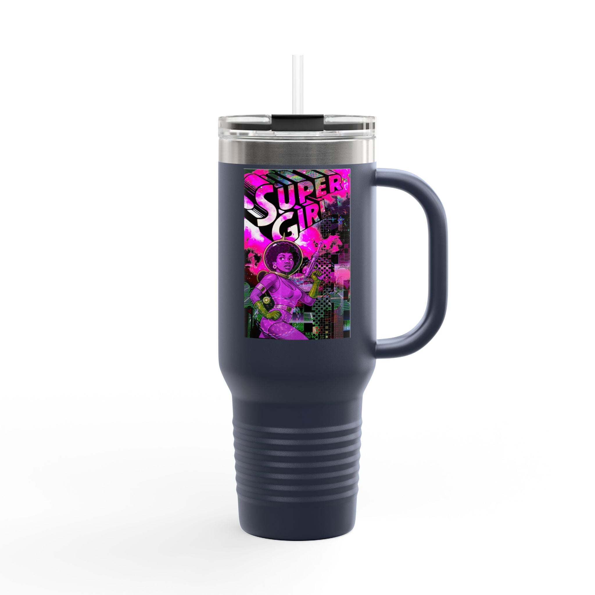 40oz Travel Mug — Neon 'Super Girl' Retro Comic Design