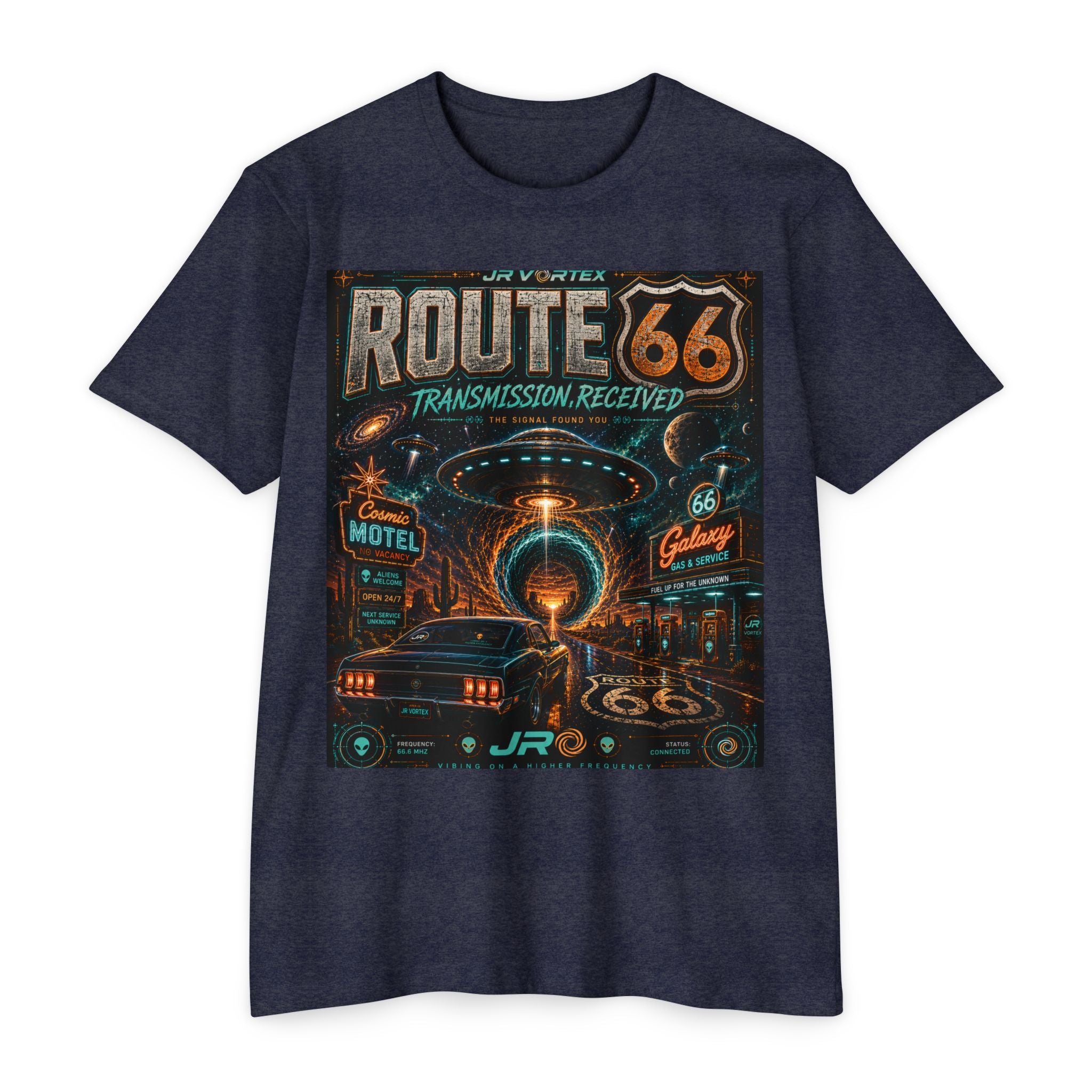 Route 66 Transmission Received Tee – JR Vortex Cosmic Signal Graphic T-Shirt