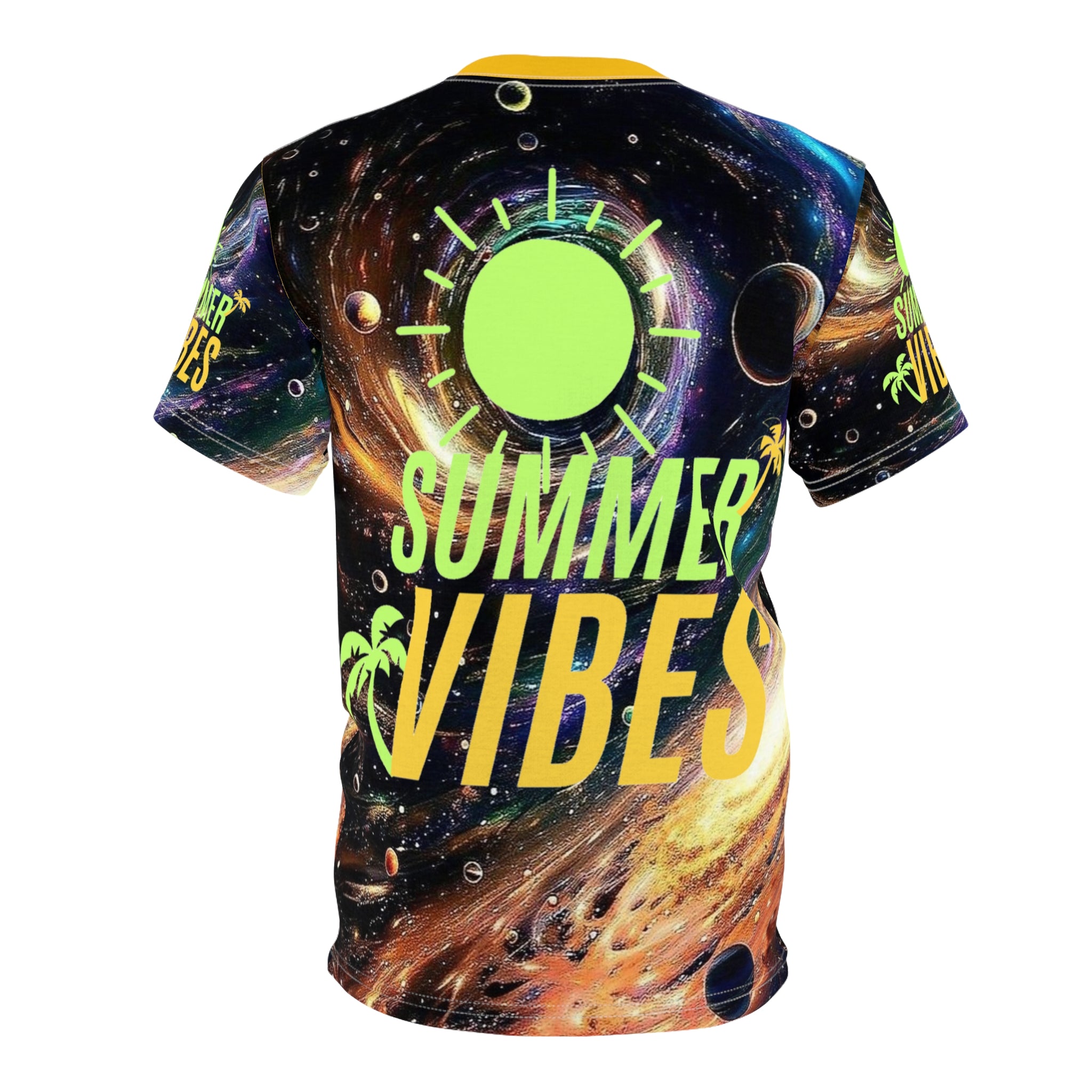 Cosmic Eclipse Summer Vibes T-Shirt, Galaxy Sun AOP Graphic Tee, Space Vacation Streetwear