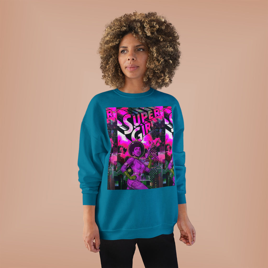 Super Girl Crewneck Sweatshirt — Retro Neon Comic Graphic