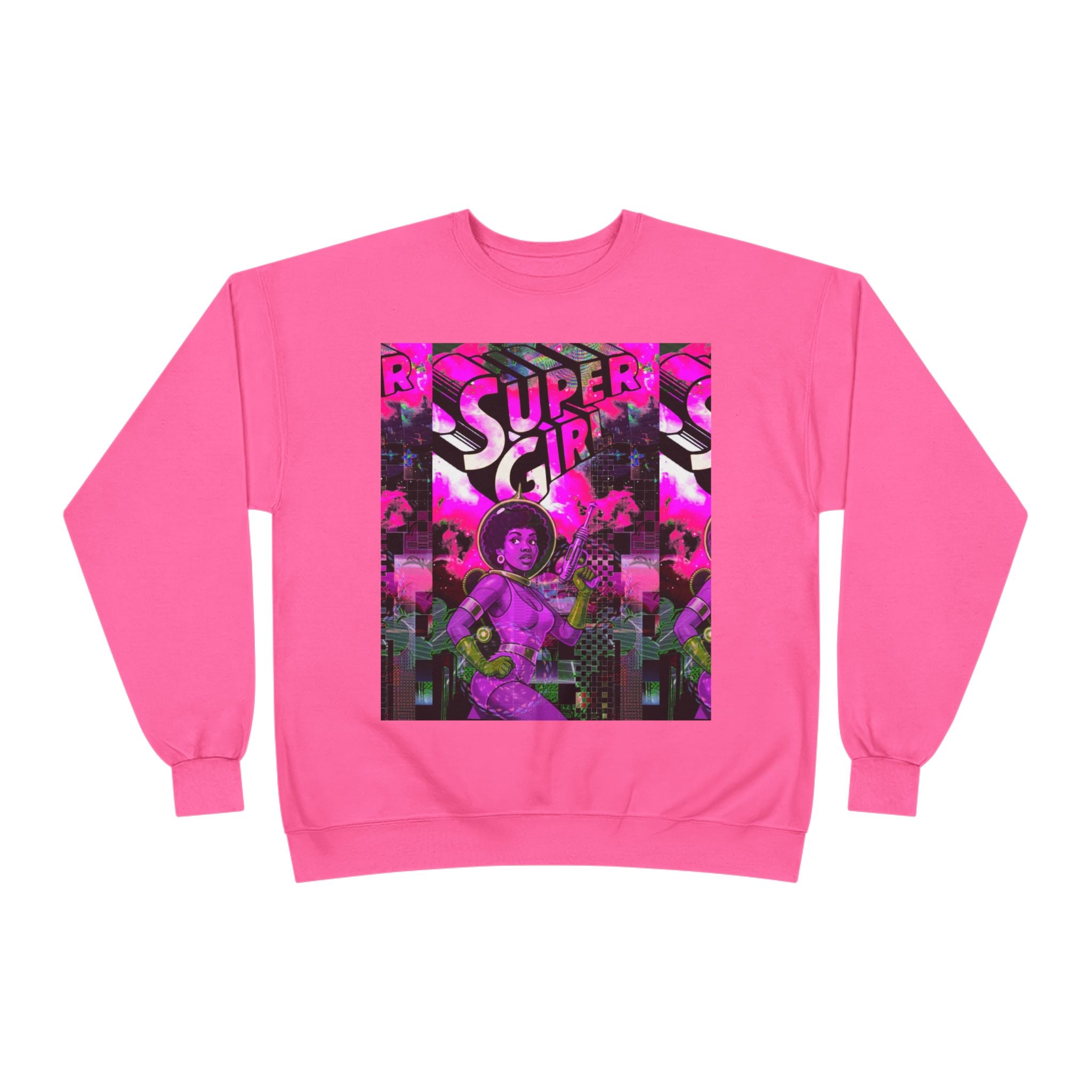 Super Girl Crewneck Sweatshirt — Retro Neon Comic Graphic