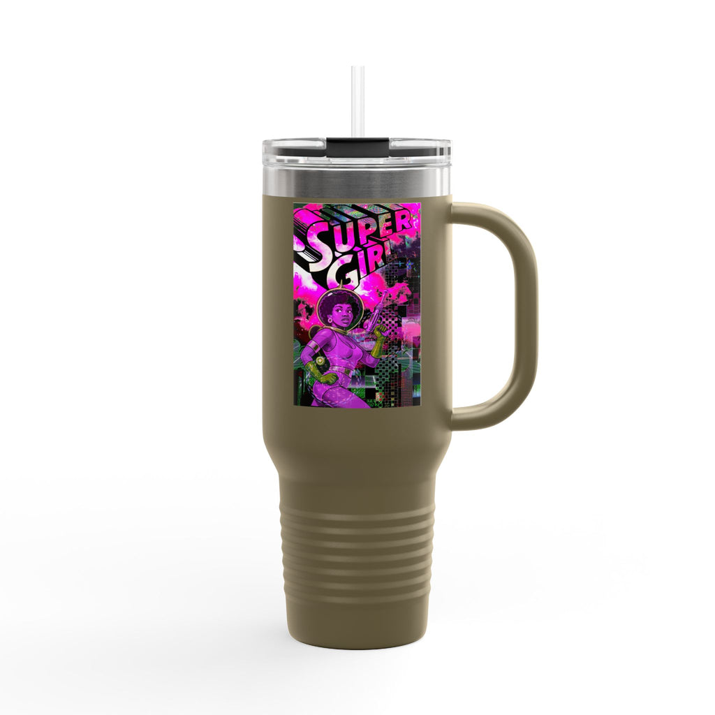 40oz Travel Mug — Neon 'Super Girl' Retro Comic Design