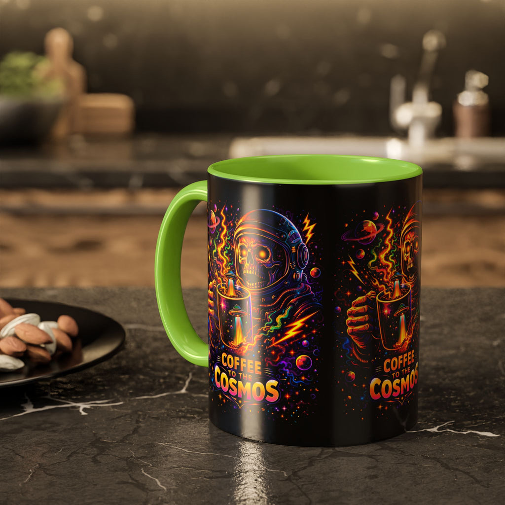 Coffee to the Cosmos Mug — Neon Space Skull Coffee Mug (11oz/15oz) Printify