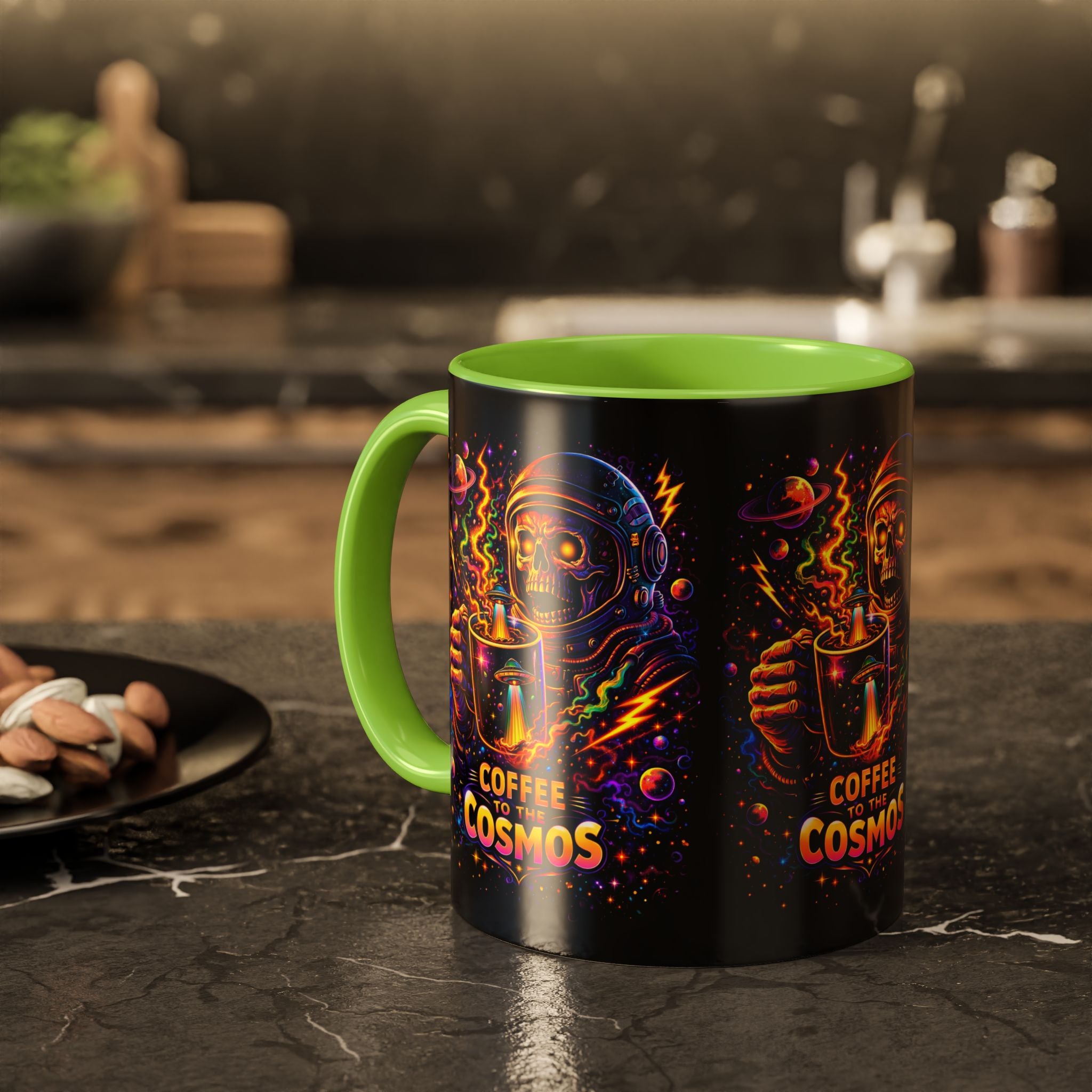 Coffee to the Cosmos Mug — Neon Space Skull Coffee Mug (11oz/15oz) Printify