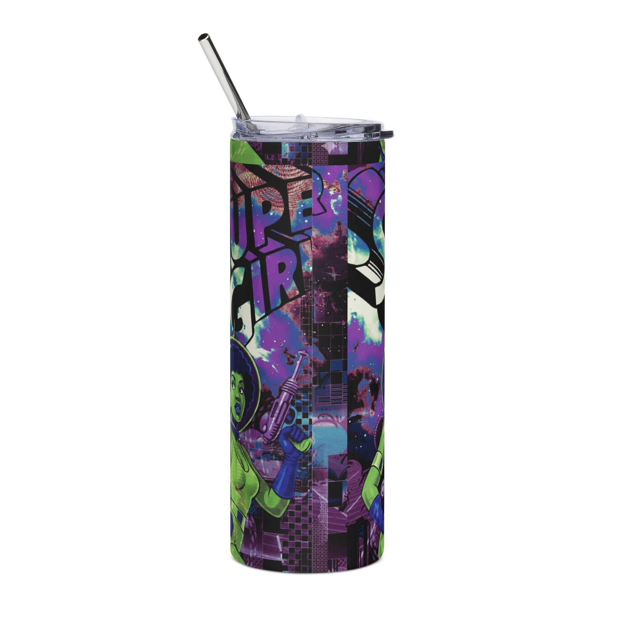 20oz Stainless Steel Tumbler — Green Supergirl Cosmic Collage Design