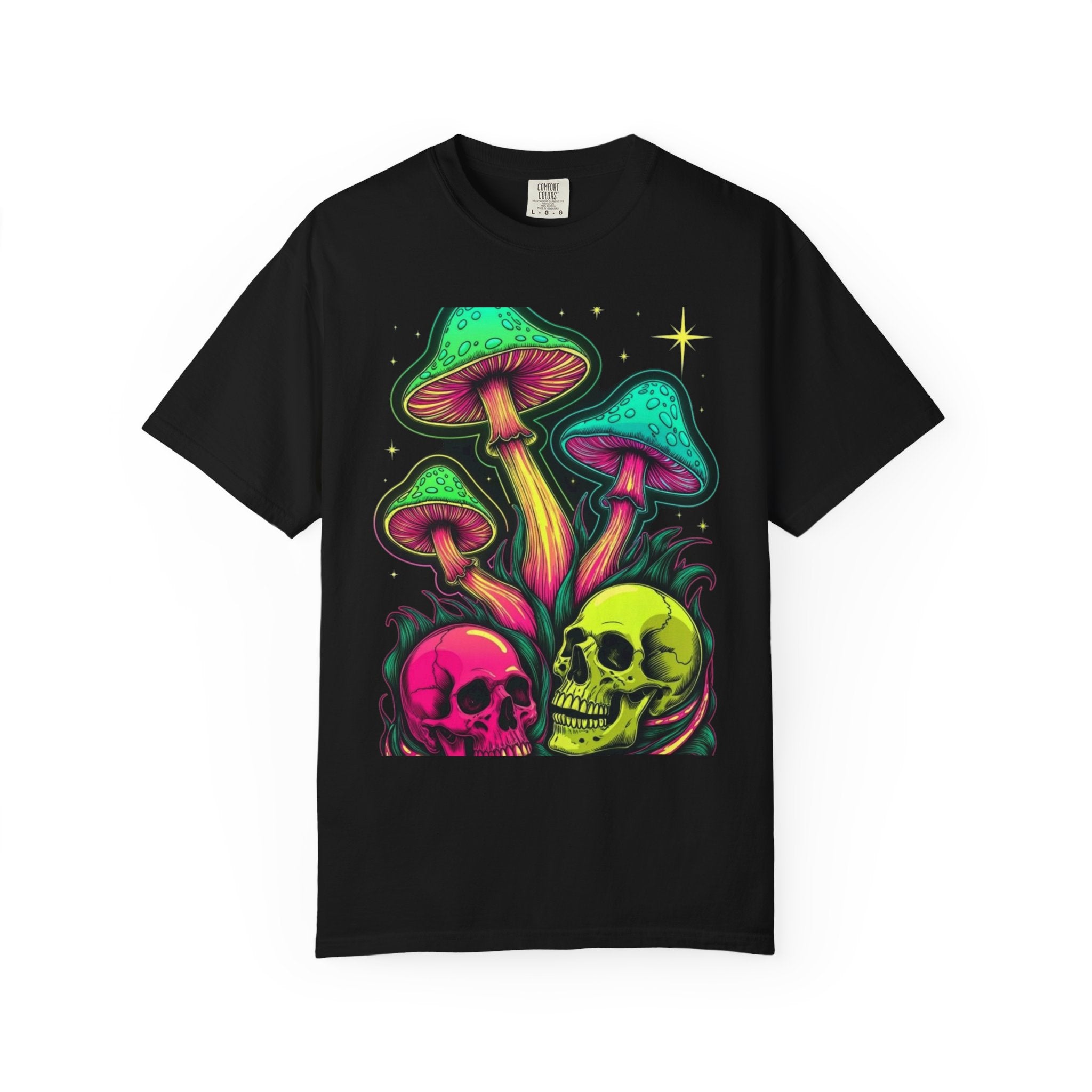 Psychedelic Mushroom & Skulls T-Shirt — Neon Trippy Graphic Tee