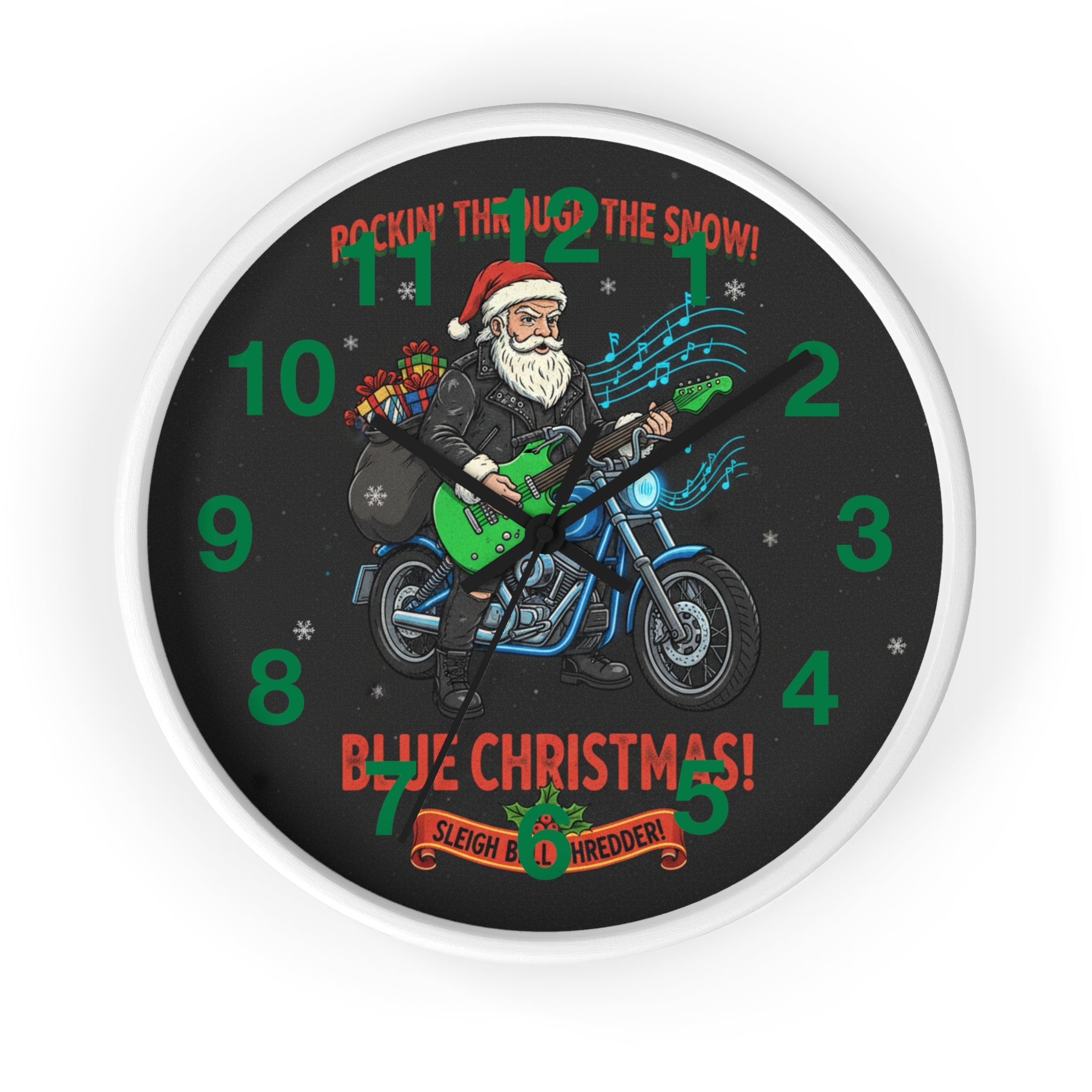 Blue Christmas Motorcycle Santa Wall Clock — Rockin' Through the Snow Holiday Decor