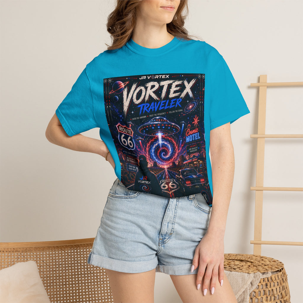Vortex Traveler Graphic T-Shirt — Retro Route 66 Neon Space Design