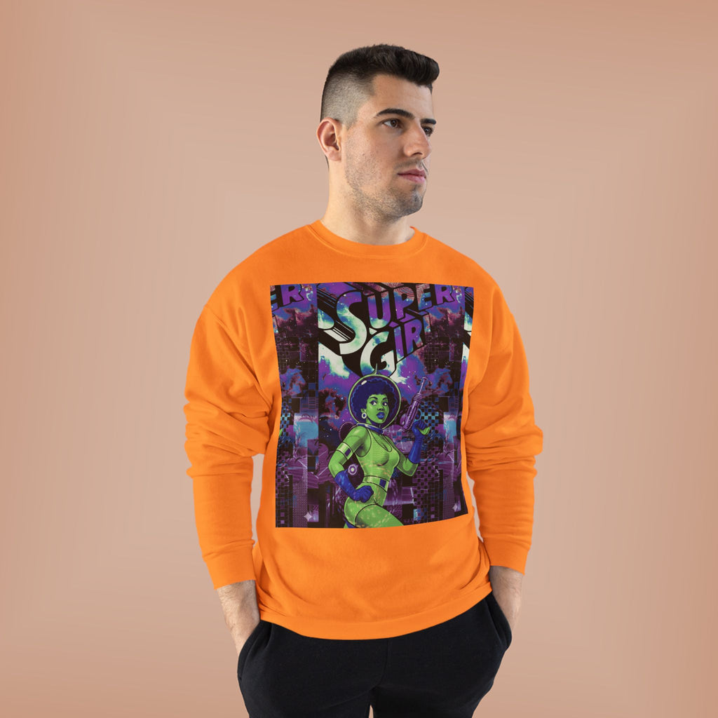 Retro Sci‑Fi 'Supergirl' Graphic Sweatshirt — Neon Space Comic Crewneck
