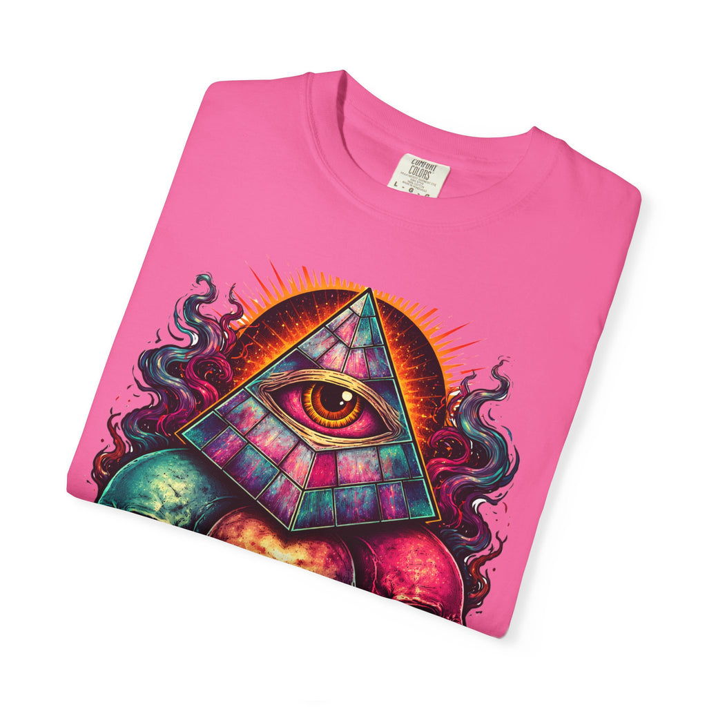 T-Shirt — Psychedelic All-Seeing Eye & Triple Skulls Graphic.       💀 i got make tags for for this Printify
