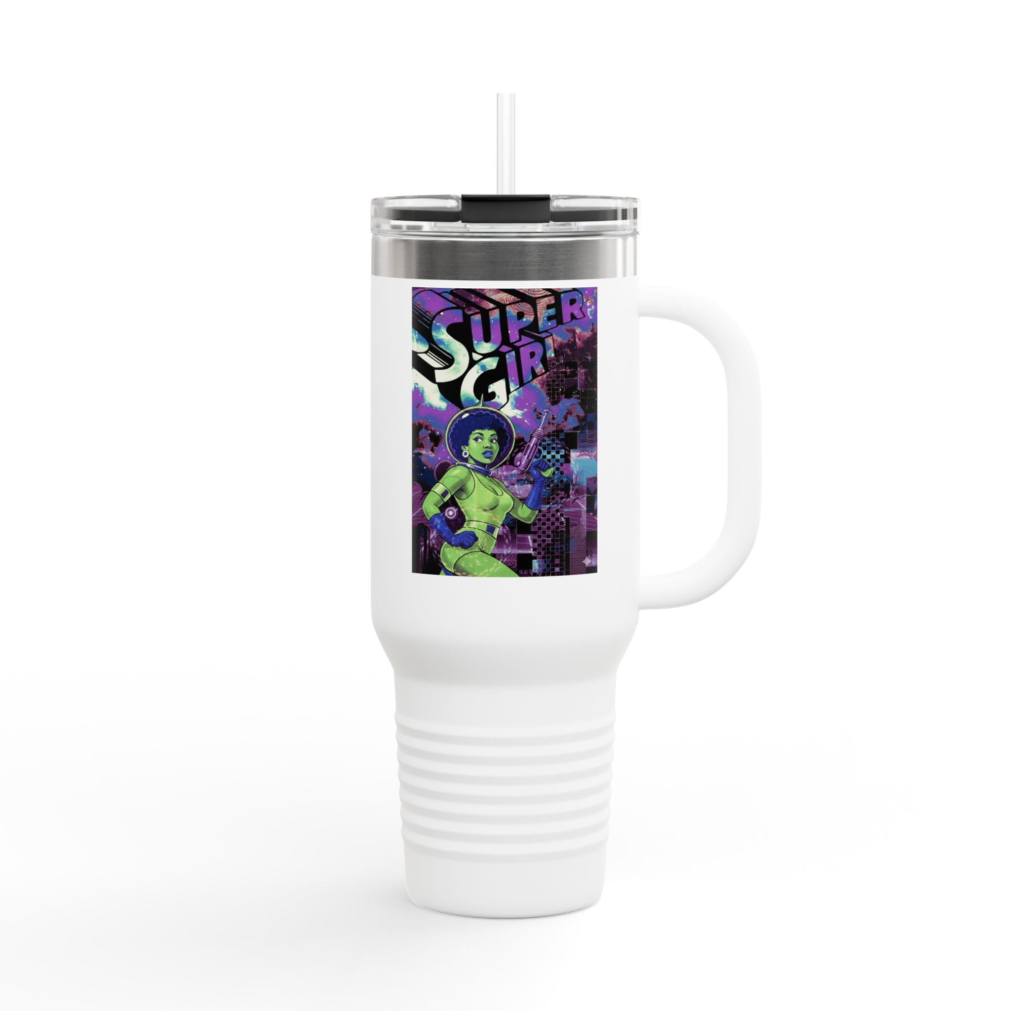 40oz Insulated Travel Mug — Neon 'Supergirl' Retro Comic Design