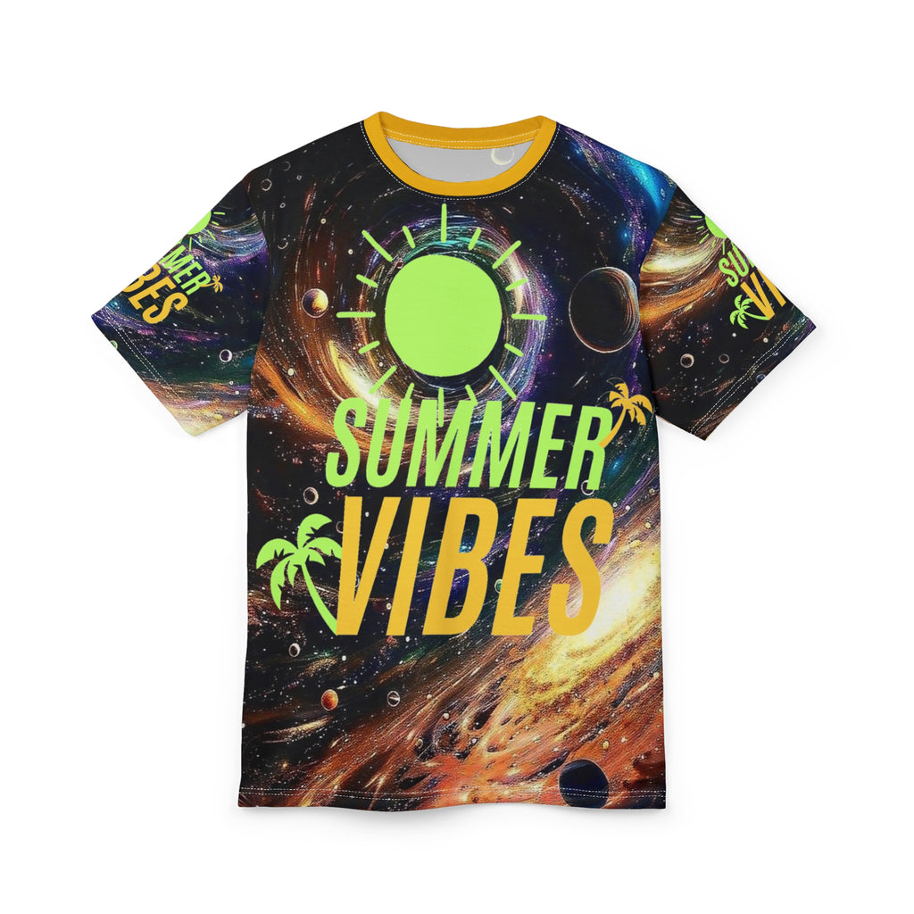 Cosmic Eclipse Summer Vibes T-Shirt, Galaxy Sun AOP Graphic Tee, Space Vacation Streetwear