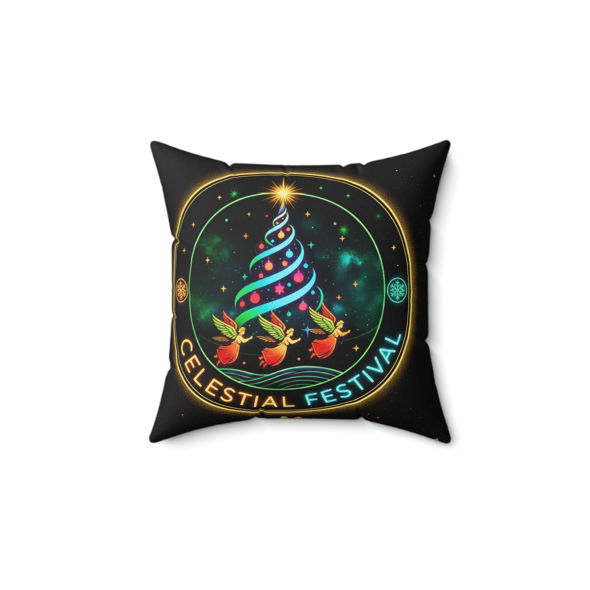 Celestial Festival Throw Pillow — Holiday Tree & Doves Decorative Cushion