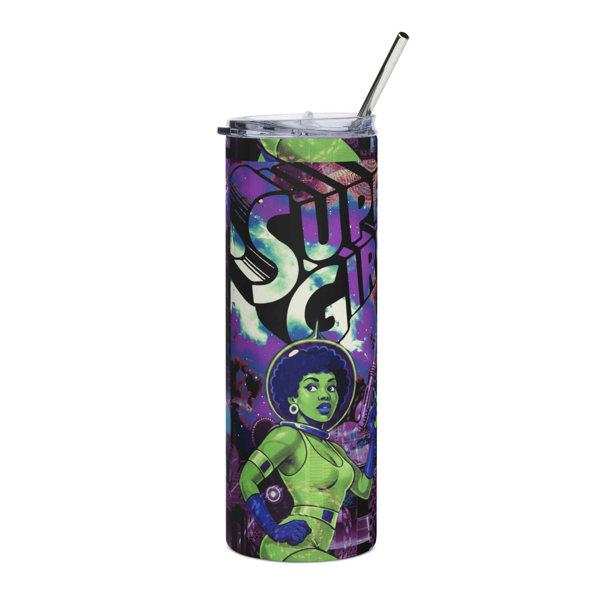 20oz Stainless Steel Tumbler — Green Supergirl Cosmic Collage Design