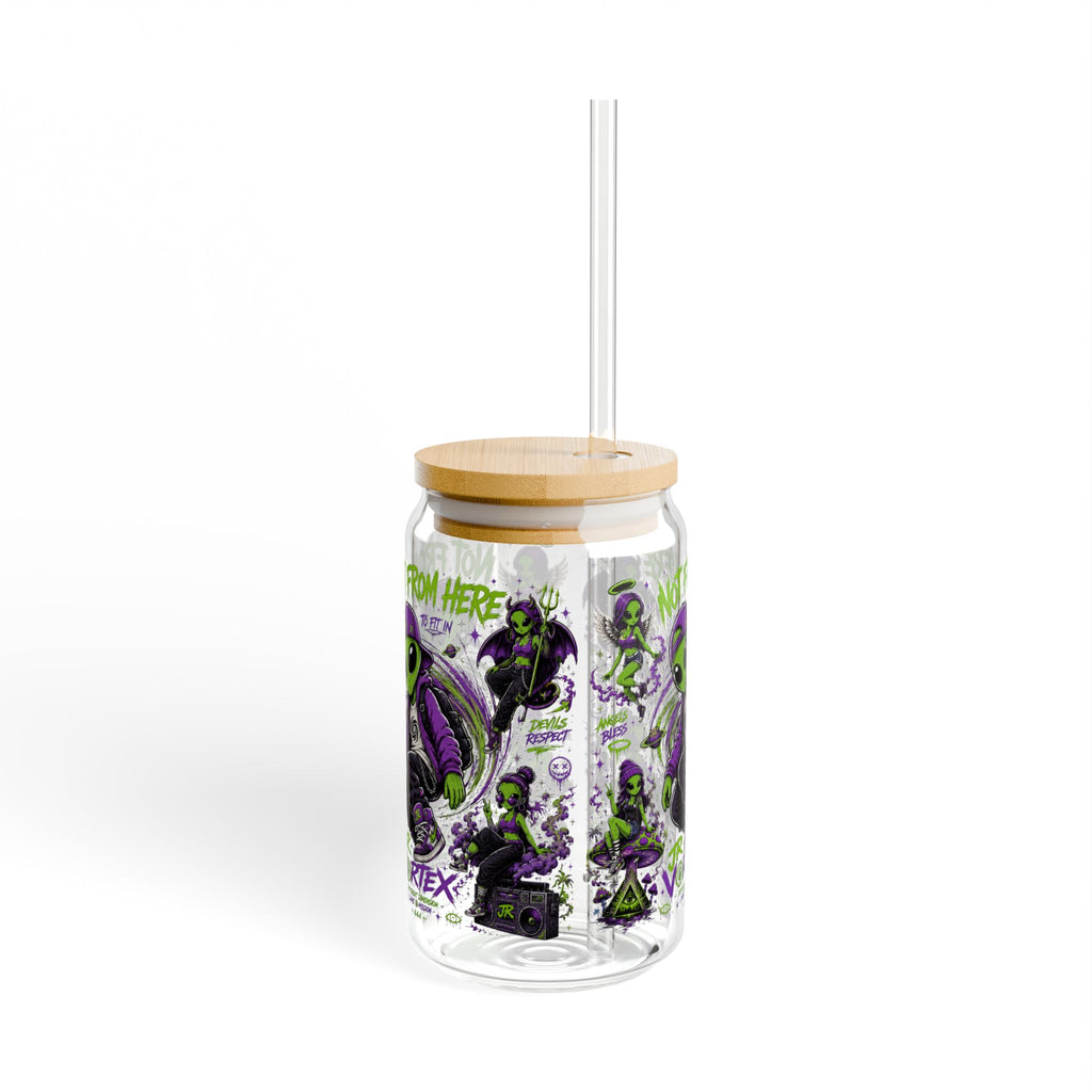 Alien Skate Sipper Glass – 16oz Eco Straw Tumbler with 'Not From Here' Graphic