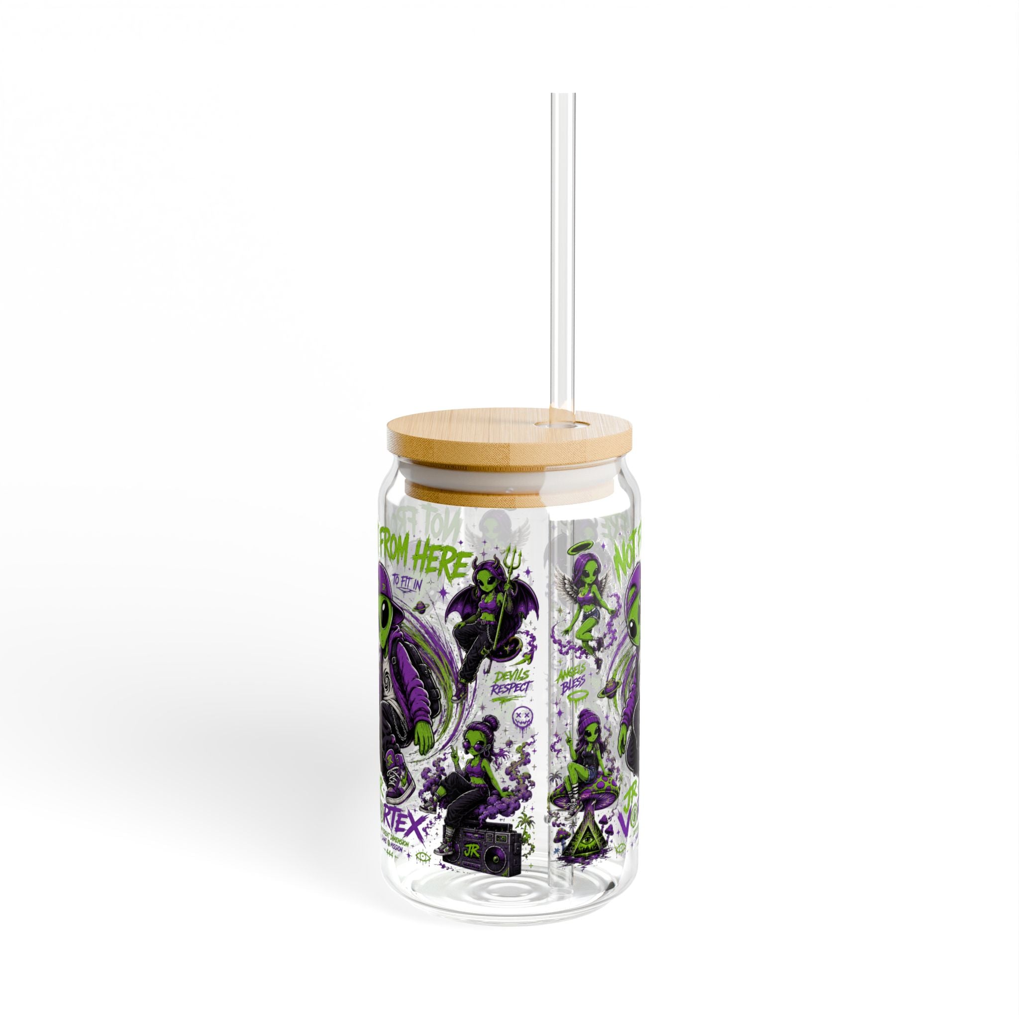Alien Skate Sipper Glass – 16oz Eco Straw Tumbler with 'Not From Here' Graphic