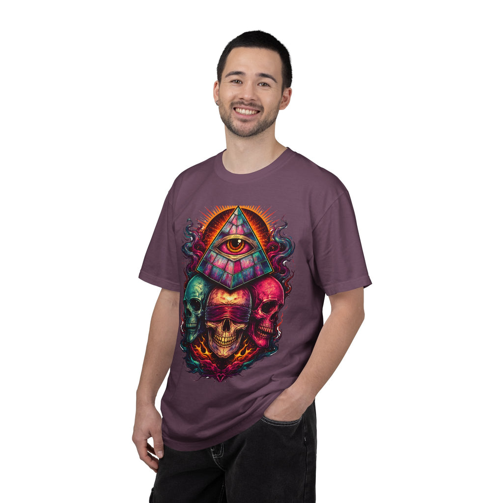 T-Shirt — Psychedelic All-Seeing Eye & Triple Skulls Graphic.       💀 i got make tags for for this Printify