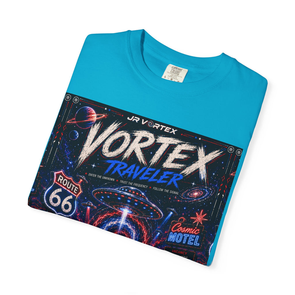 Vortex Traveler Graphic T-Shirt — Retro Route 66 Neon Space Design